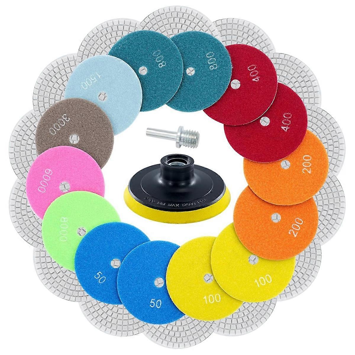 16 ks diamantových leštících kotoučů pro mokré leštění o průměru 4 palce s podkladovým kotoučem, zrnitost 50-6000, sada pro mokré/suché leštění vrtaček a brusek
