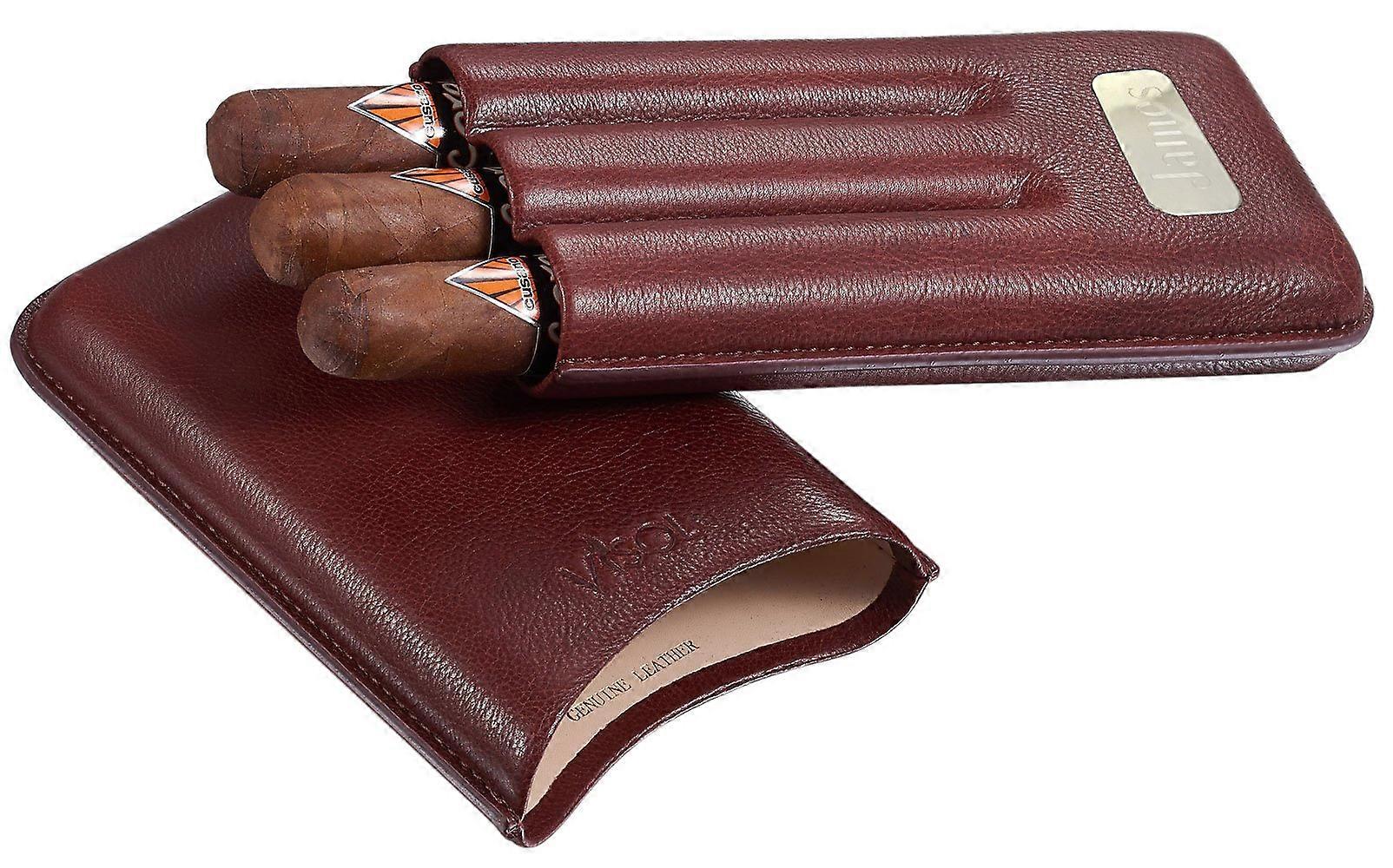 Personalized Brown Leather Cigar Case for 3 Cigars with Custom Engraved Plate, Compact Travel Design