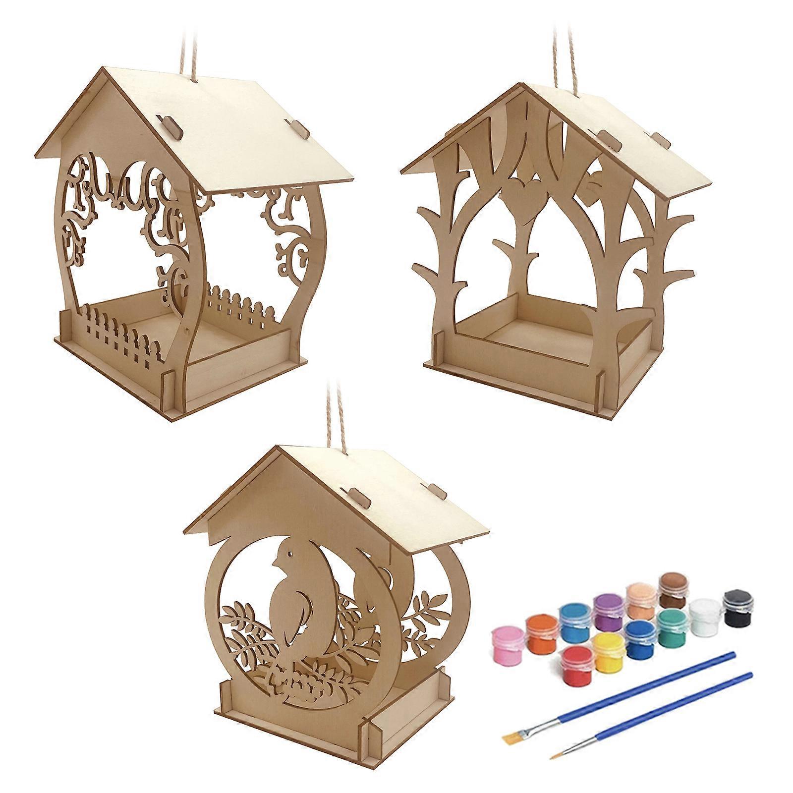3 Pcs Bird Feeder, Parrot Seed Tray, Nest Birdhouse Unassembled DIY Hideouts Craft for Kid Build and Paint Toy