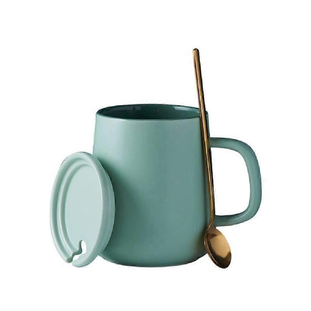 Ceramic Coffee Cups Set with Lid and Spoon, 400 ml Green Dark Green Tea and Milk Mug for Gifts