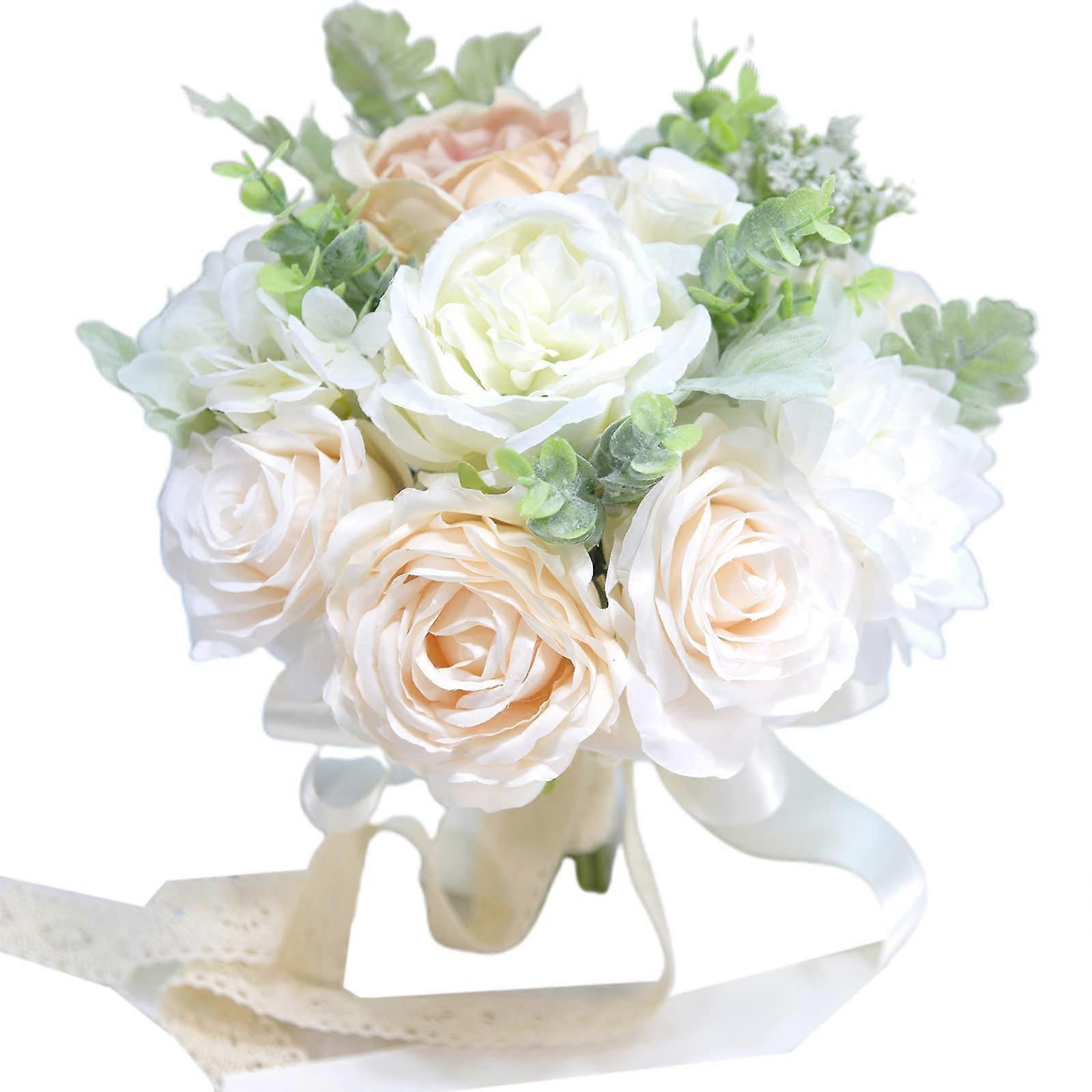 Artificial Rose Bouquet with Lace Ribbon Simulation Wedding White