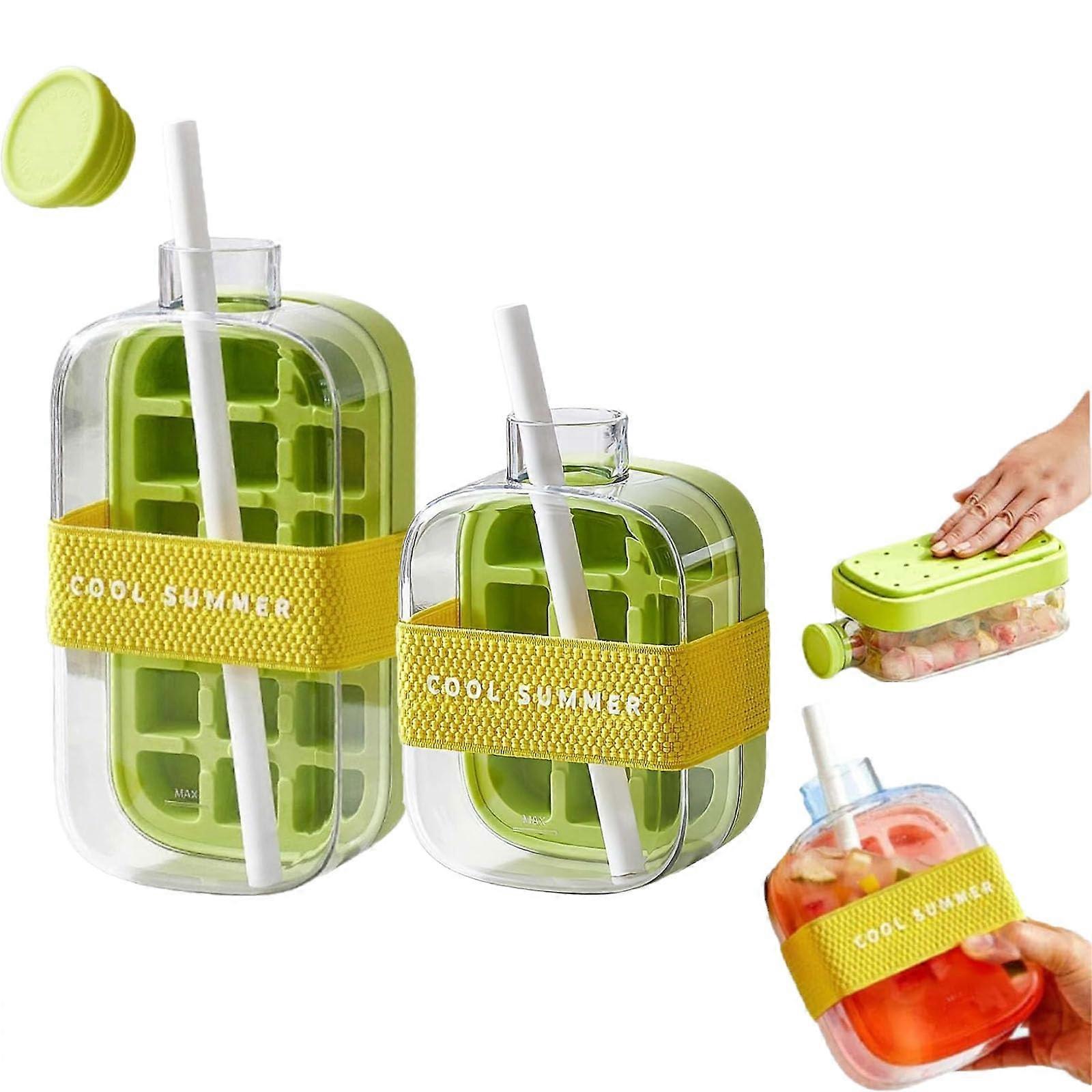 Cool Summer Ice Bottle Cup, 2in1 Ice Cube Tray Water Bottle with Straw (Green, 800ml)