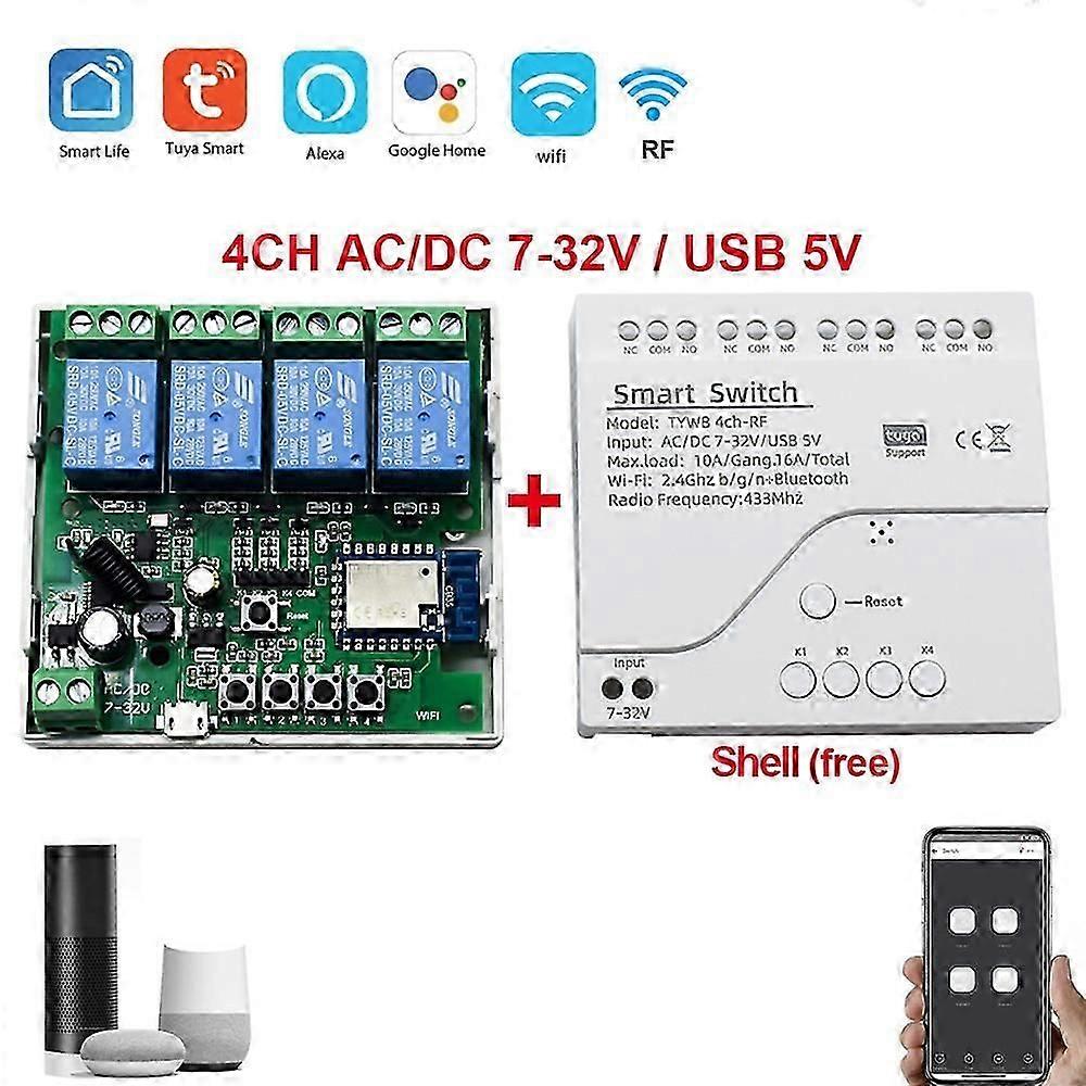 Tuya Smart Switch 4CH 220V WIFI Module SmartLife APP Remote Control 7-32V 85-250V 10A RF Relay Work With Alexa Echo Google Home