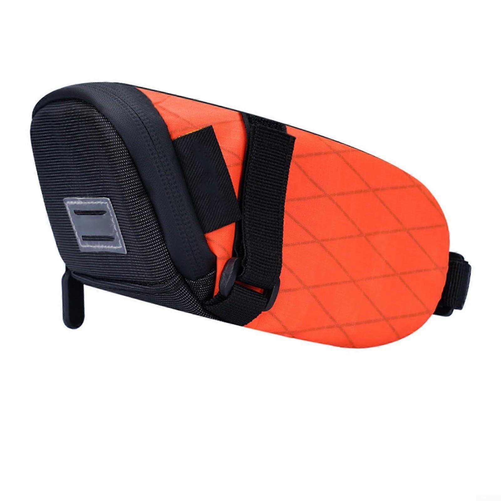 Bicycle underseat storage bag, waterproof, with reflective stripes and mesh inner pocket for tools and keys (orange)