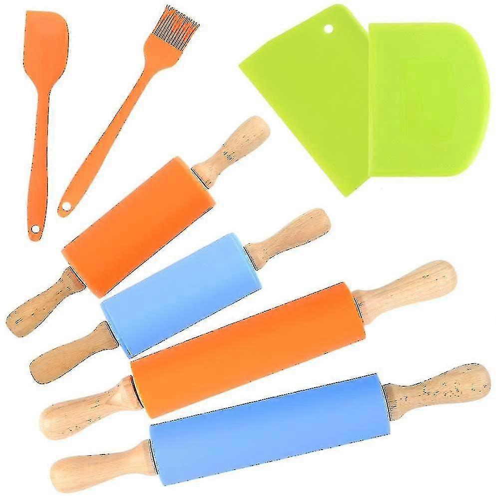 8 Pcs Silicone Rolling Pins Set with Scraper & Brush for Baking
