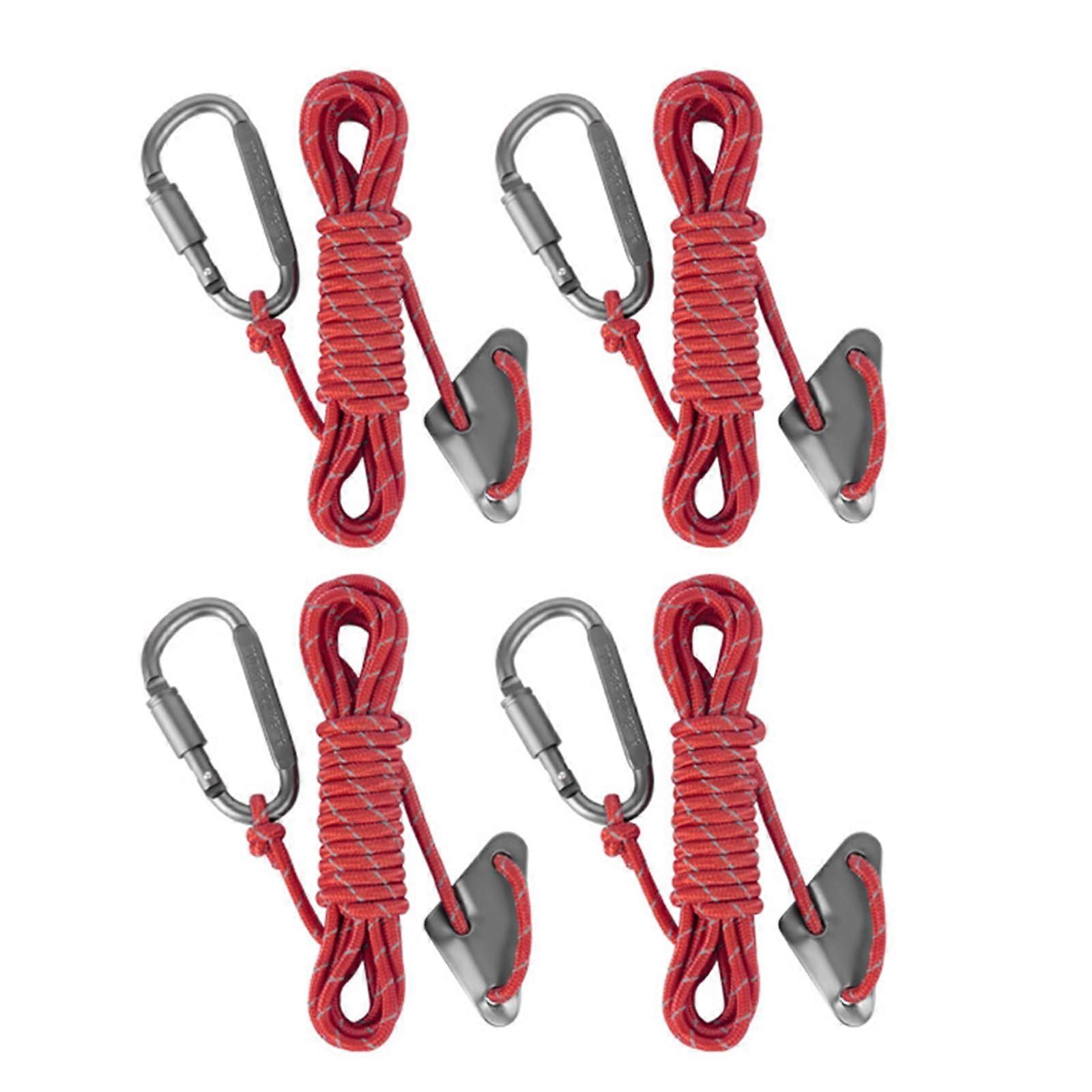 4pcs Reflective Tent Guy Ropes with Aluminium Tensioner for Camping and Hiking, Durable Winch Line, Red Color