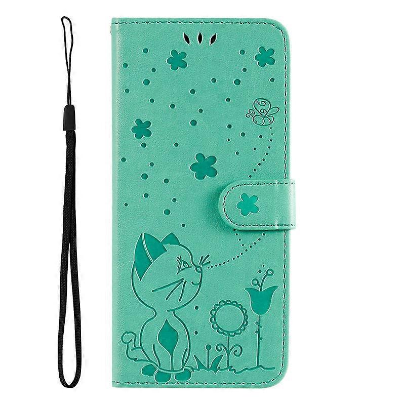 Case For Iphone 13 Green-embossed Cat And Bee Leather Embossed No835
