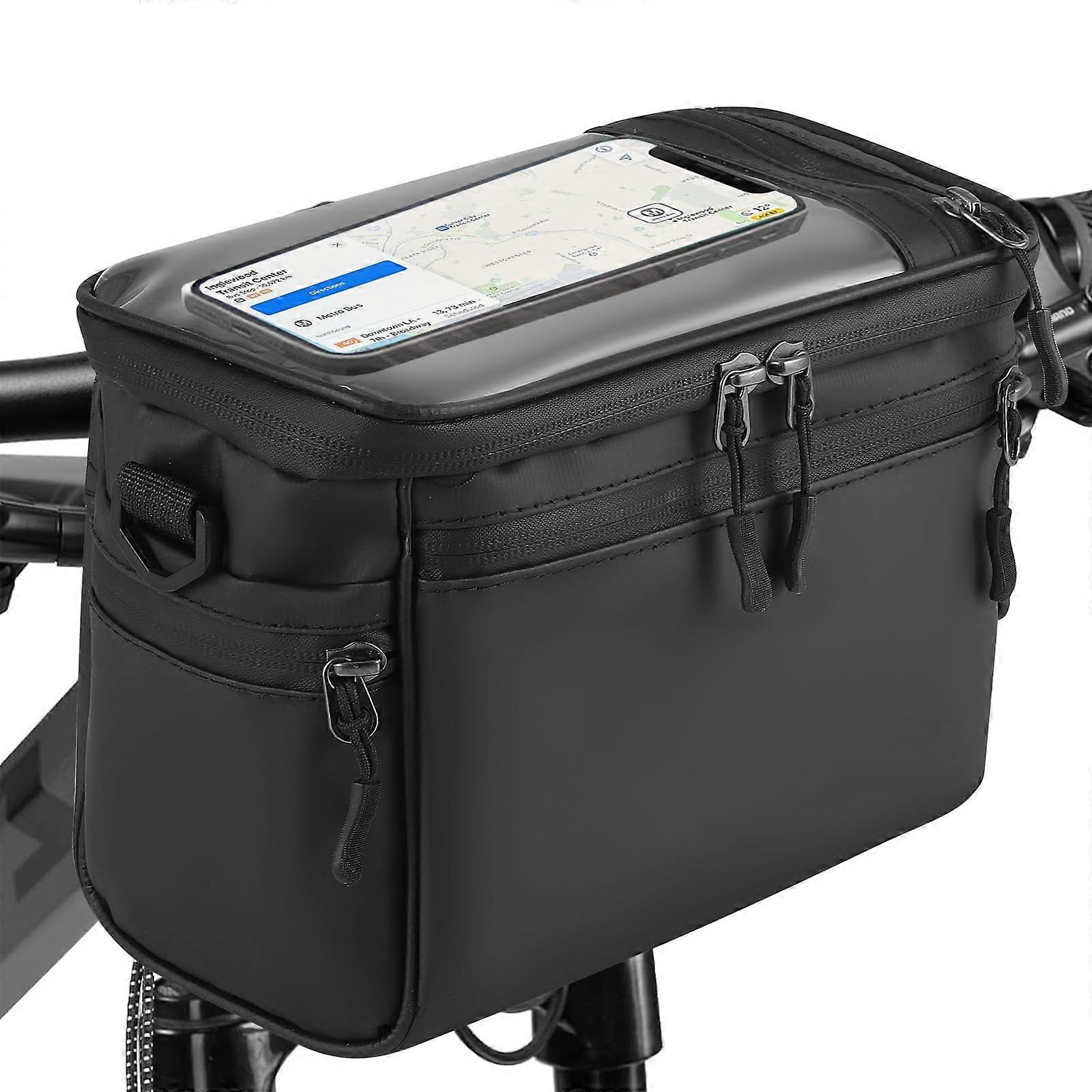 Bicycle Handlebar Bag 5L Waterproof Front Bag With Touch Screen Adjustable Phone Holder And Shoulder Strap