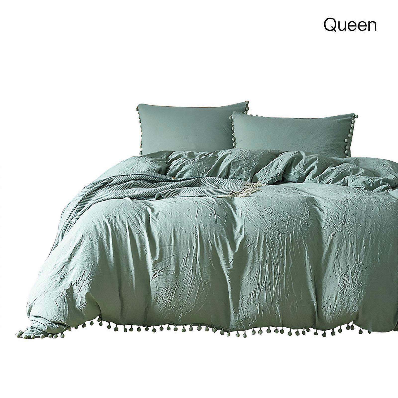 Exquisite Washed Microfiber Bedding, Hidden Zipper Closure Pom Pom Fringe Duvet Cover for Queen Size Comforter Set