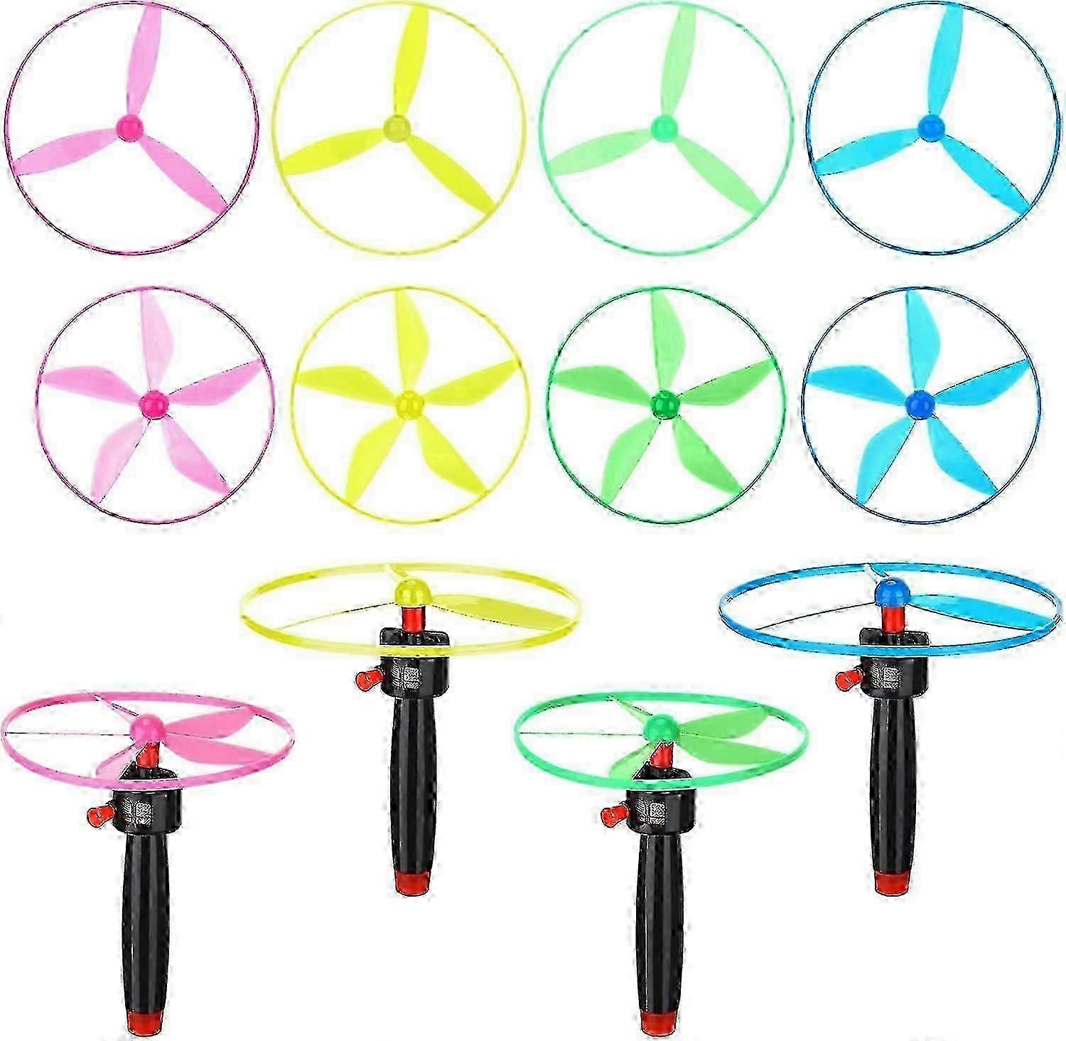 Conjunto de 12 Pcs Disco Voador com 4 Lançadores de Cordas e 8 Flyers - Brinquedos de Helicóptero e Discoteca para Crianças hwy