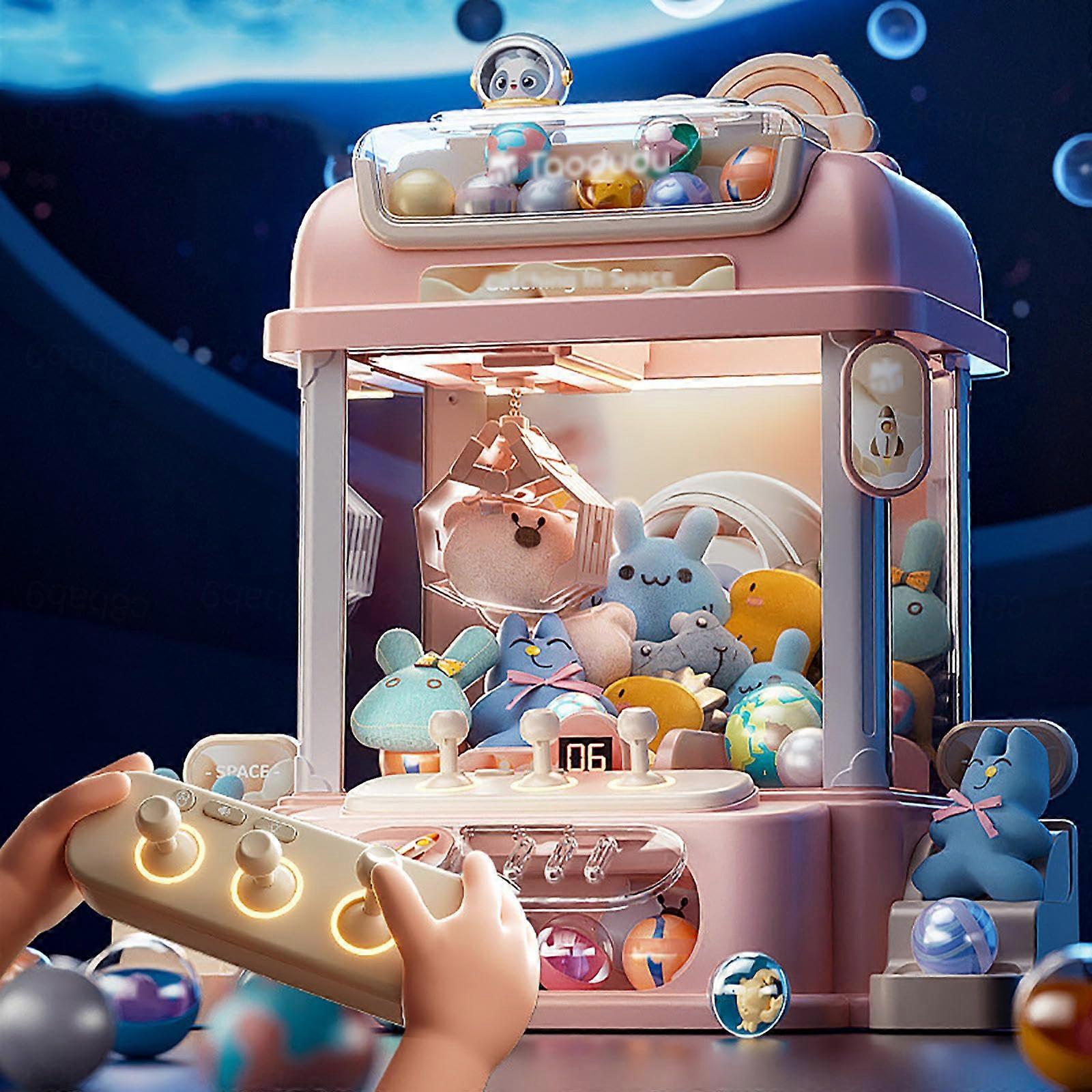 Mini Claw Machine with Remote Control, 8 Planet Design, Includes 2 Panda Plushies, 25 Toys, 20 Gashapon for Kids 4-12, Pink