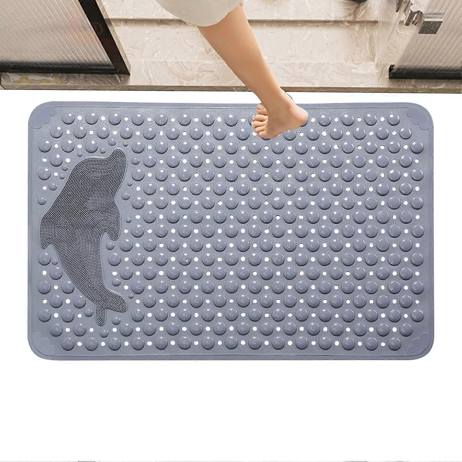 Nonslip bath mat with dolphin pattern, extra thick shower mat, machine washable, gray