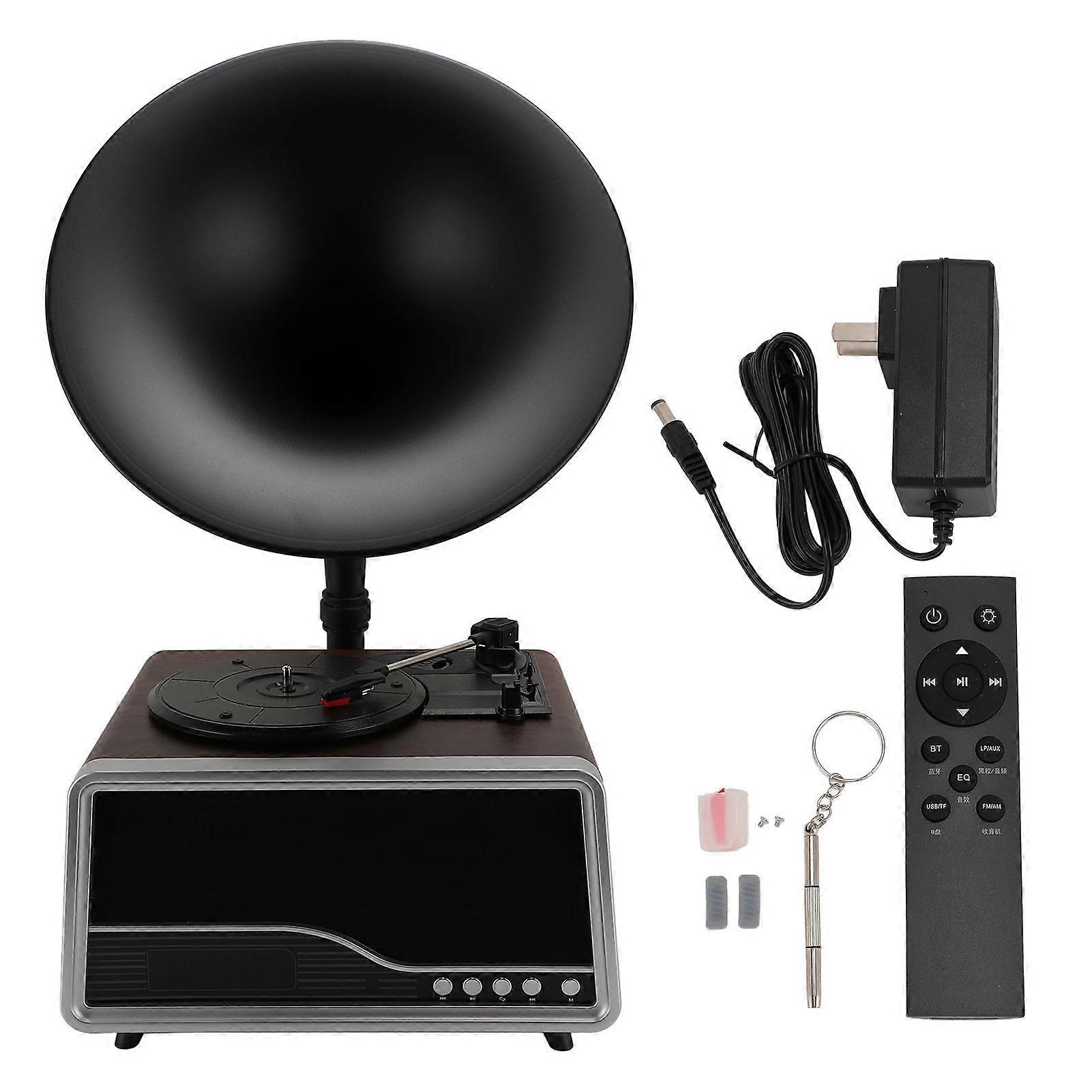 ビンテージBluetoothレコードプレーヤー、サブウーファー、USB、FMラジオ、リモコン、コーヒーフィニッシュ