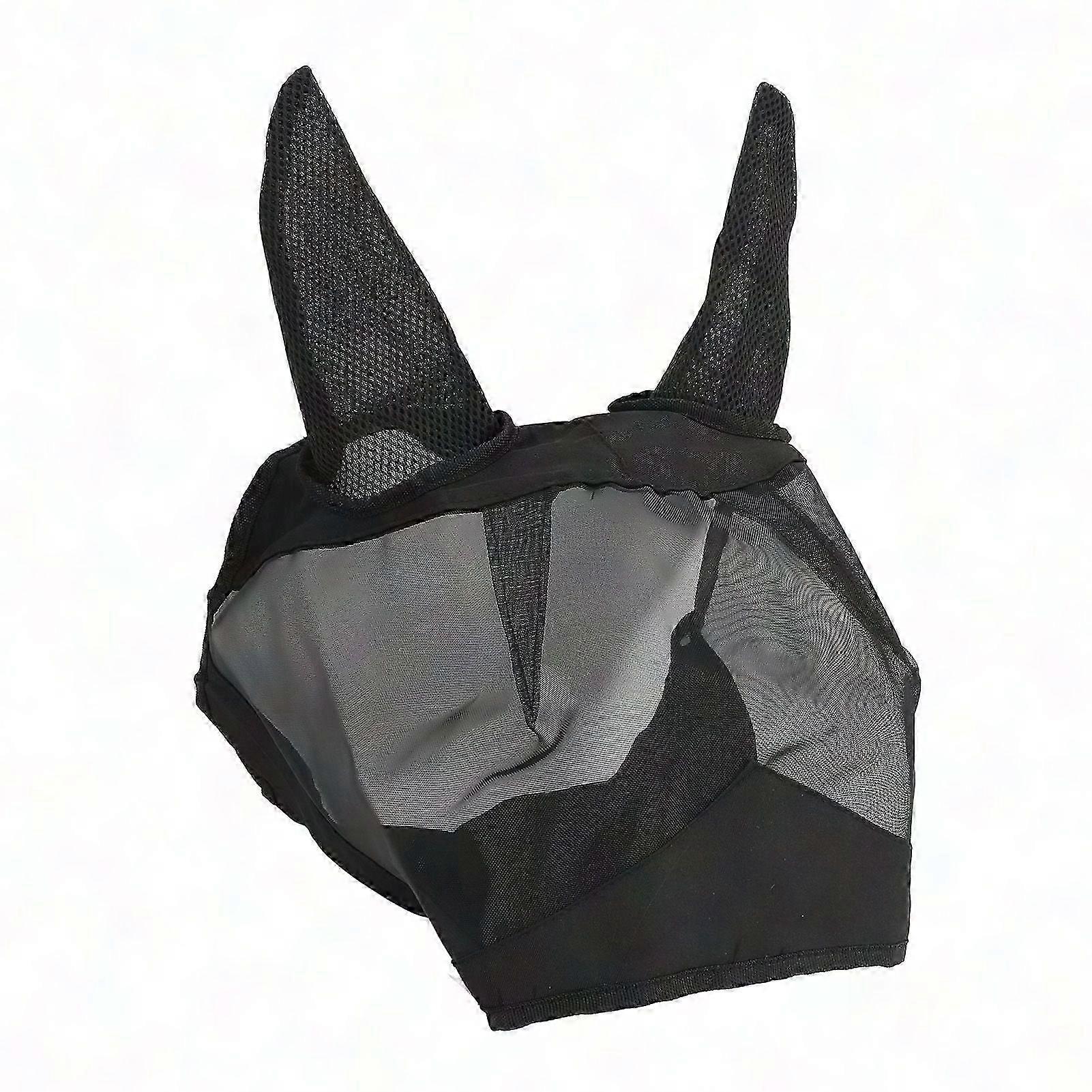 Horse Fly Mask with Ears, Breathable Fine Mesh Face Cover, Long Nose Fly Guard to Prevent Bites, Black