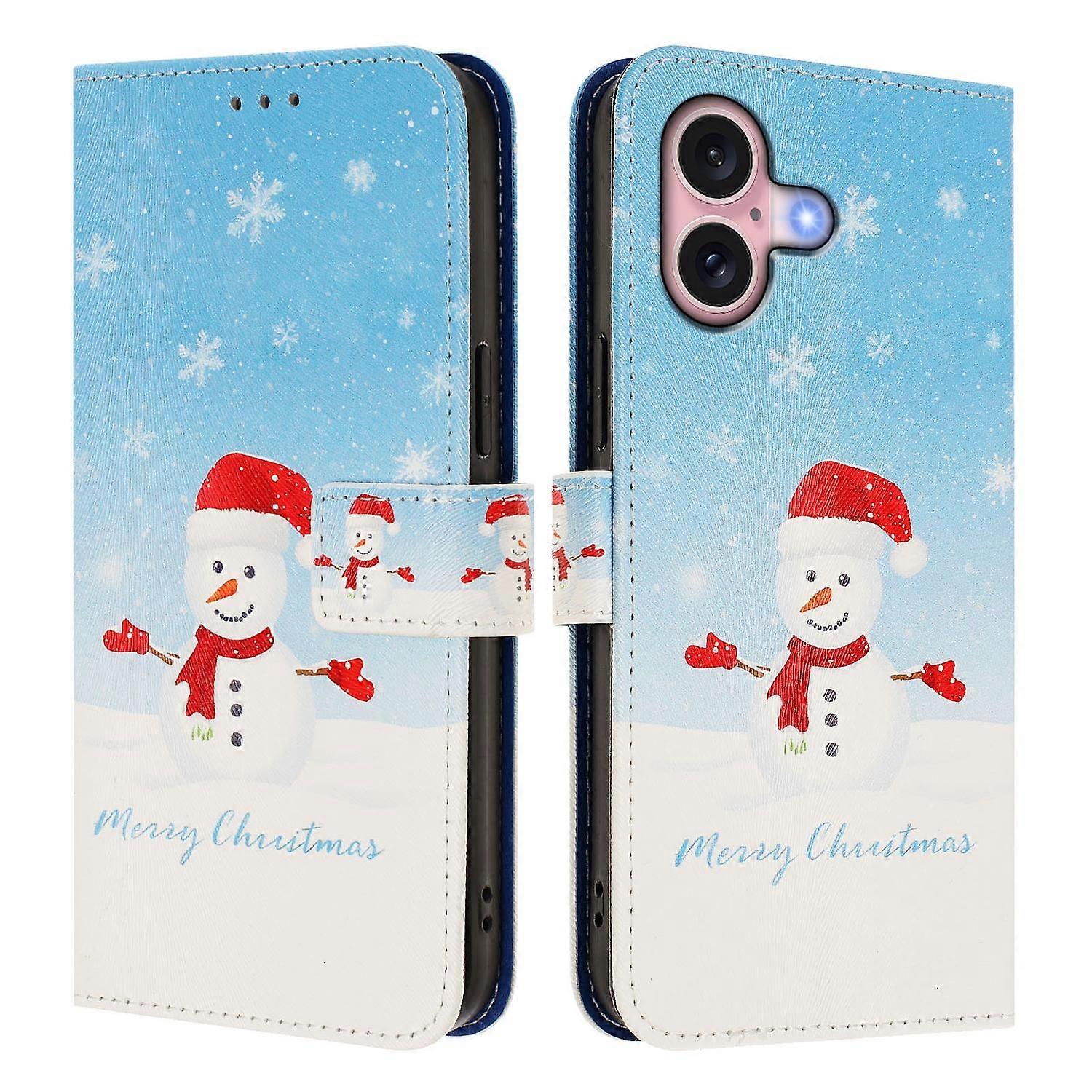 For iPhone 16 Wallet Case Christmas Pattern Printing Leather Phone Cover with Lanyard