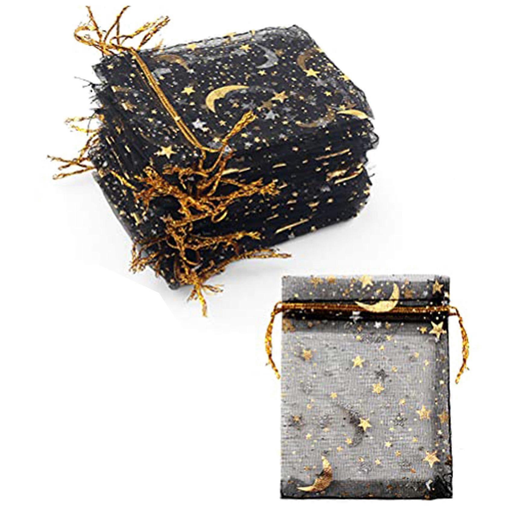 Lot de 100 sachets à bonbons en organza transparent motif lune et étoile, 6,9 x 8,9 cm, pochettes cadeaux, couleur : noir