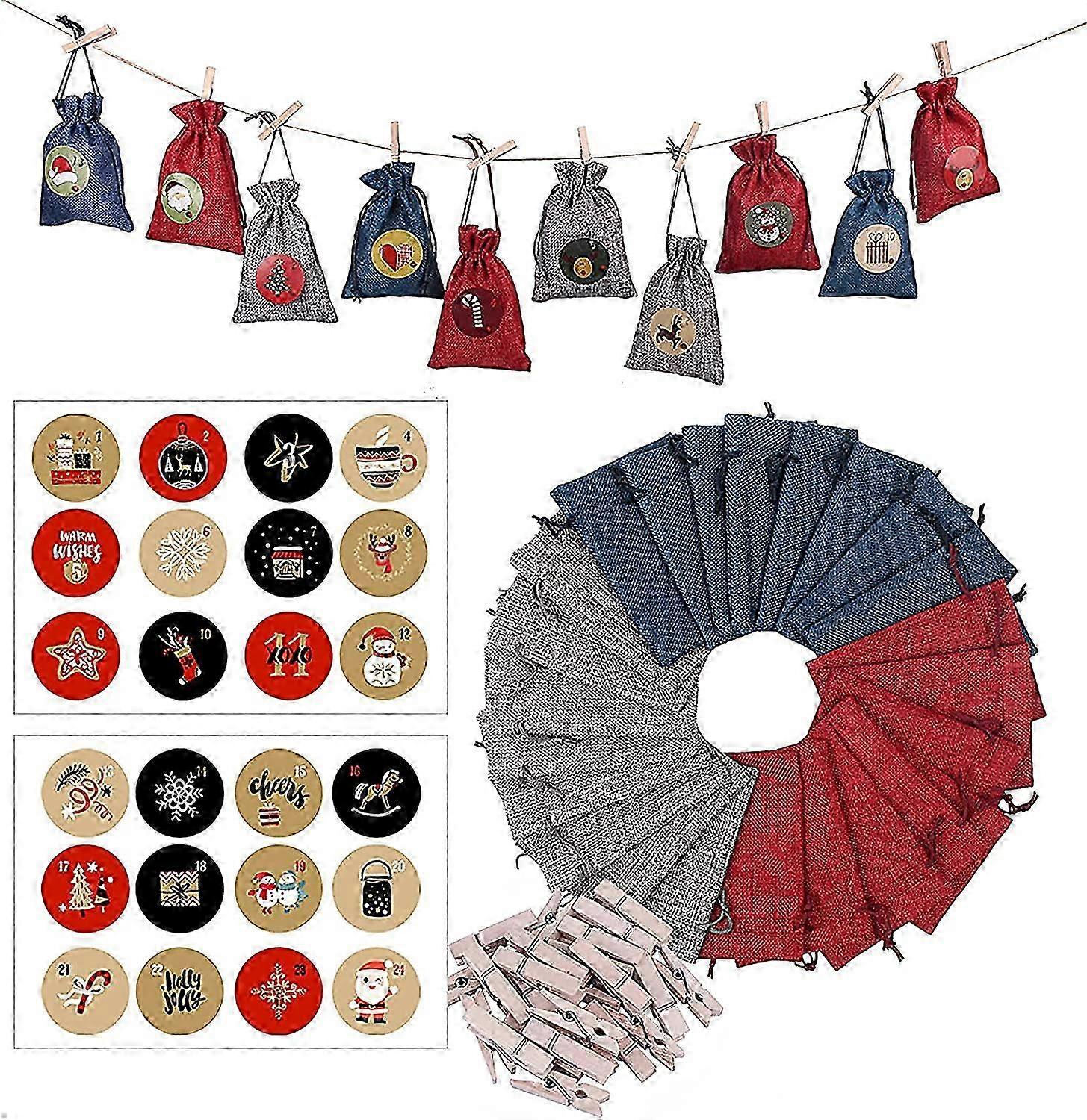 Set of 24 Burlap Christmas Bags with Drawstrings & Clips, Festive Patterns for Candy or Gifts