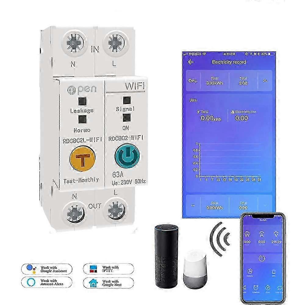 2025 App 2p 63a Din Rail Wifi Smart Energy Meter Power Consumption Kwh Circuit Breaker Switch