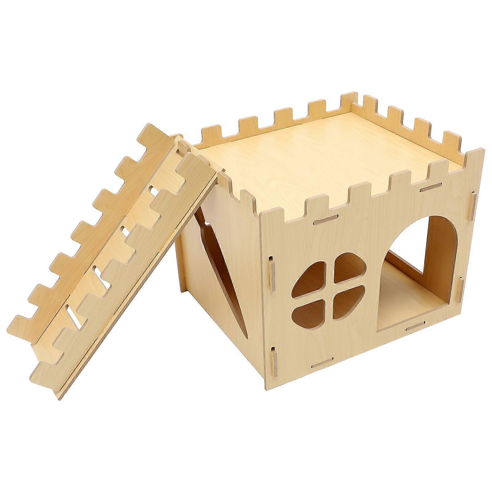 Chinchilla Toys Wooden Rabbit Castle Indoor Rabbits Hamsters Play Resting House Light Yellow Material 1Set