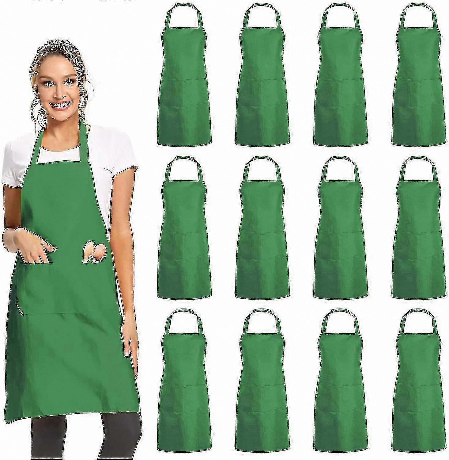 Bulk 12-Pack Unisex Bib Aprons with Pockets for Kitchen and Cooking Use, Green