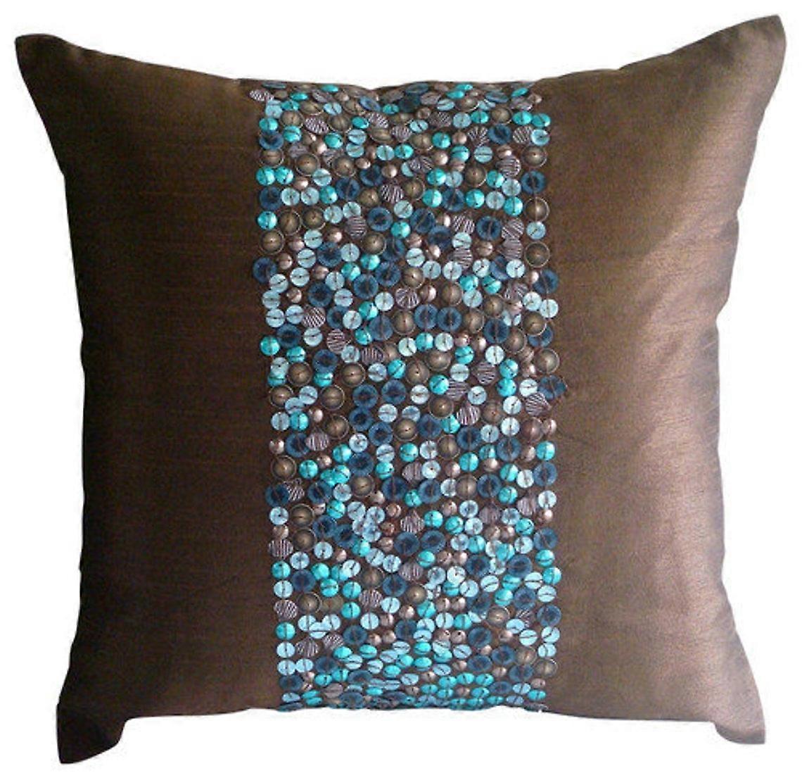 HomeCentric Pillow Case Brown 3D Turquoise Sequins Cover 14x14 in Pack of 2 compatible with cocoa & turq