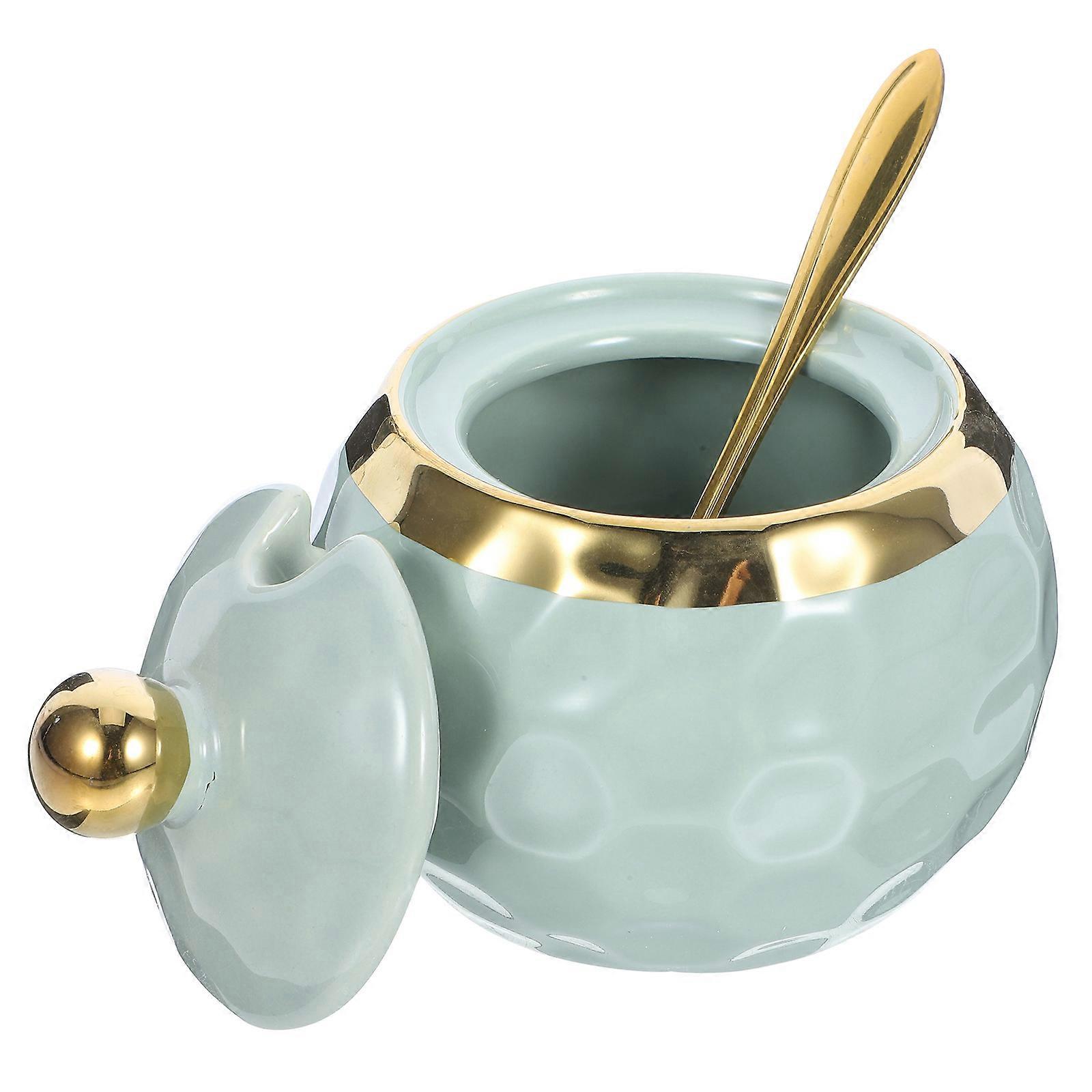 Ceramic Jar For Salt Sugar Container With Lid Spoon Round Ball Shape Storing Organizing 1Set
