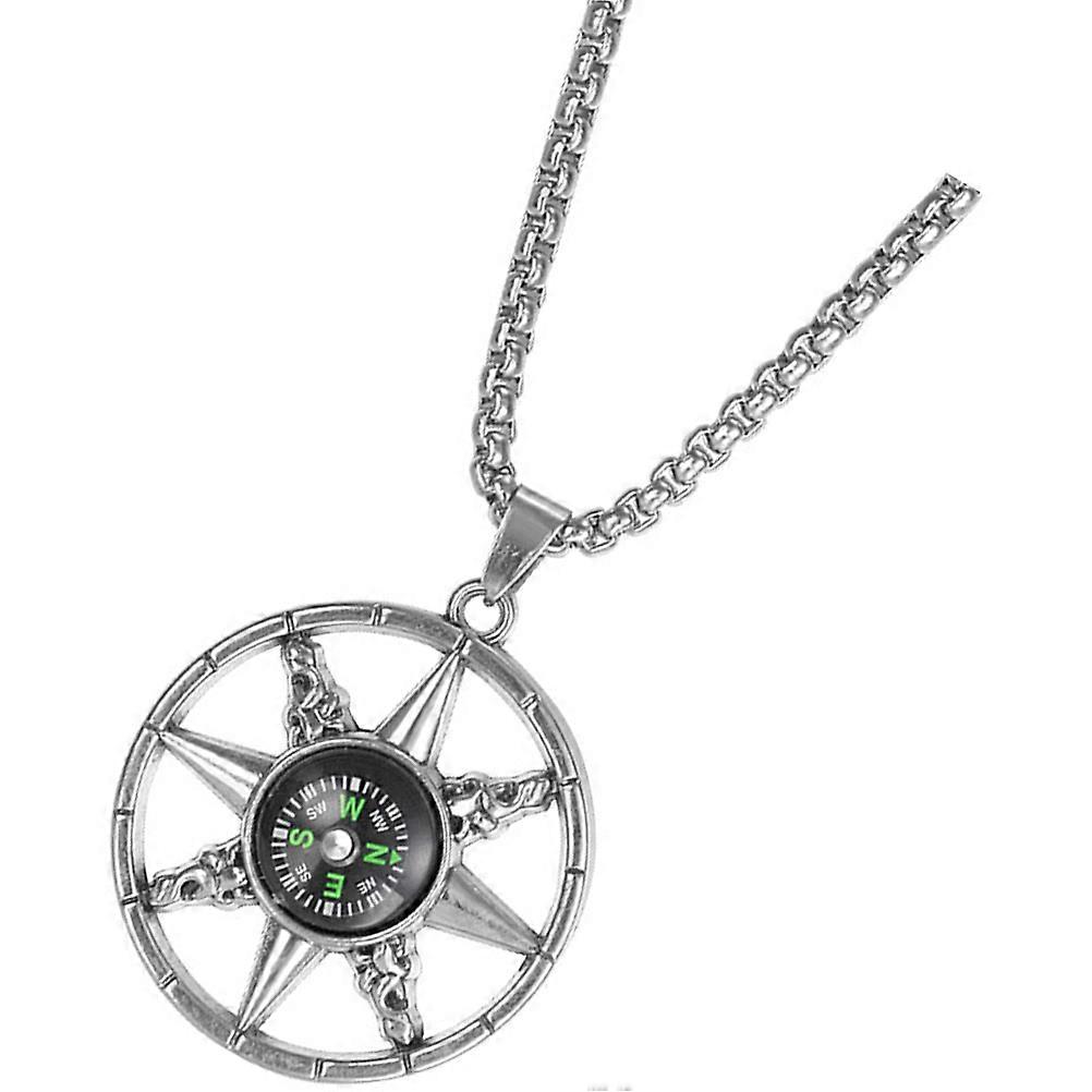 Functional Compass Necklace Survival Necklace 2Pcs Silver Pendant Set