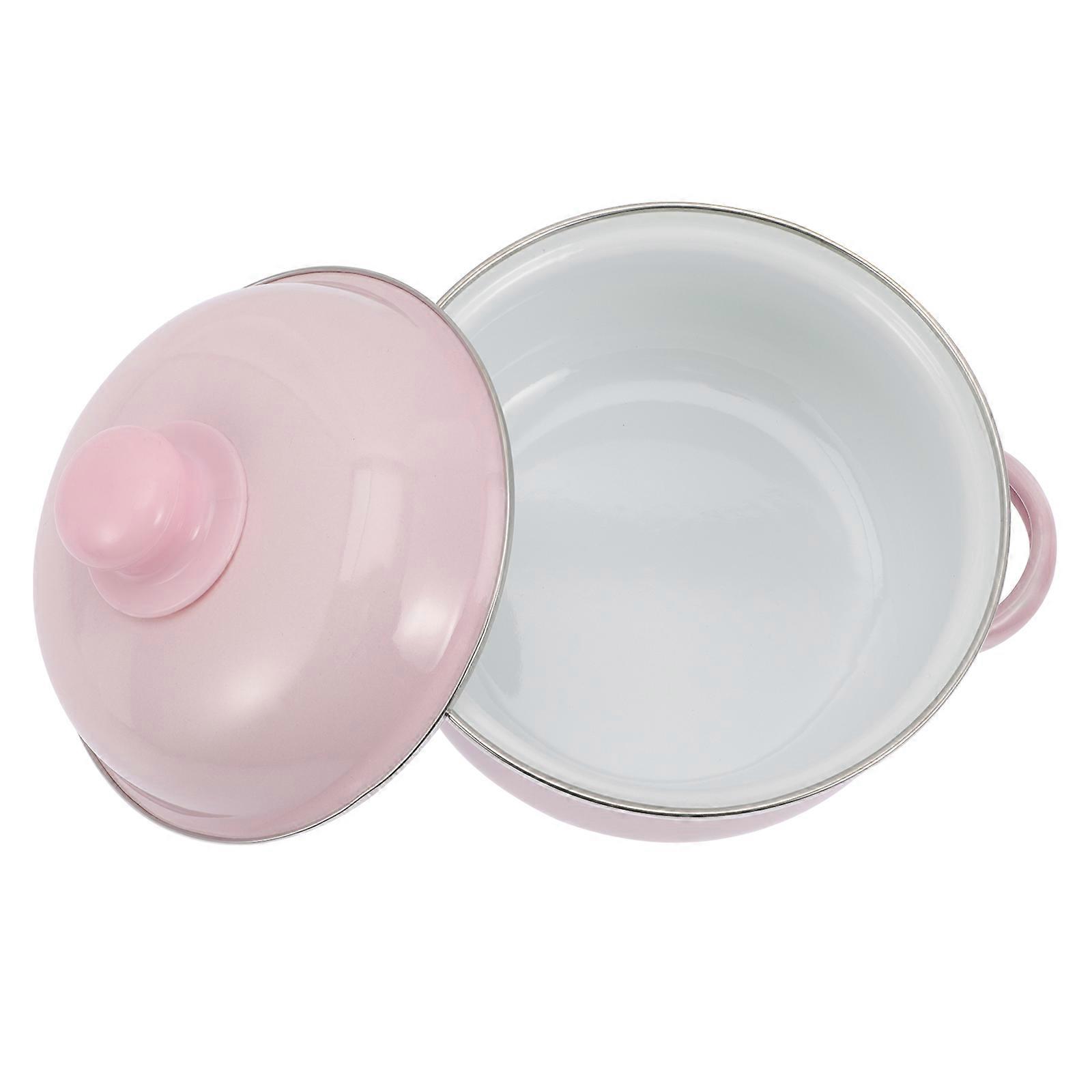 Double Handle Noodle Bowl Enamel Lidded For Soup Making Insulation 16x16cm Pink 1Set