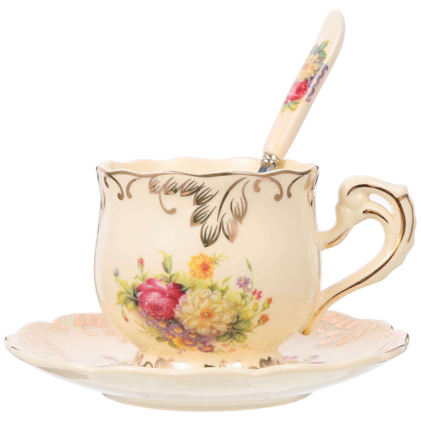 Ceramic Water Cup Retro Pattern for Storage 4Sets Festival Gift Light Yellow