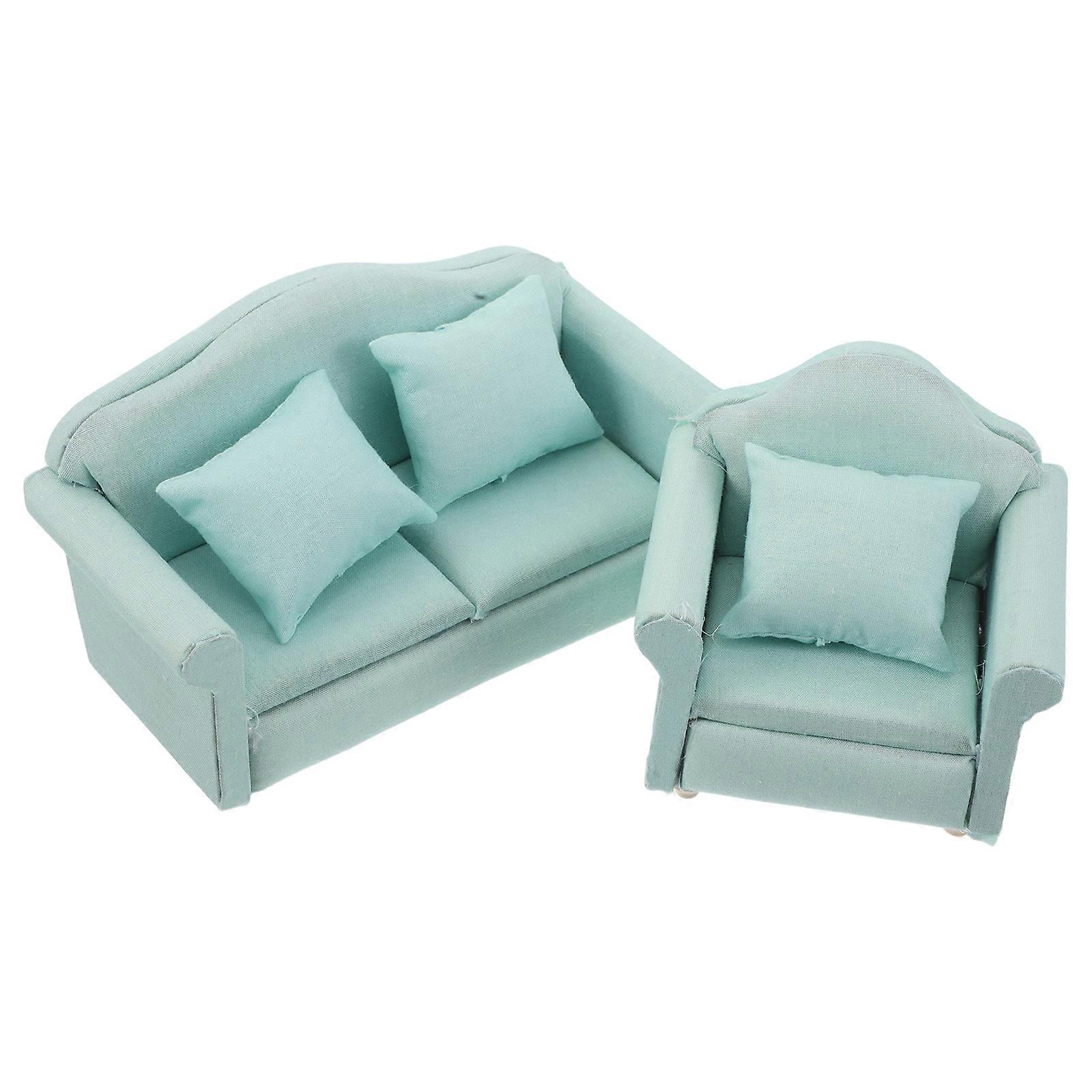 Miniature Dollhouse Sofa Set with Pillow for Dollhouse 2Pcs Fabric Upholstery