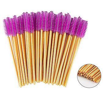Veeki 100 Pcs Disposable Eyelash Brushes Mascara Wand Applicator Colored Makeup Brushes Protable Eyelash Volume (Gold Rod, purple Brush)