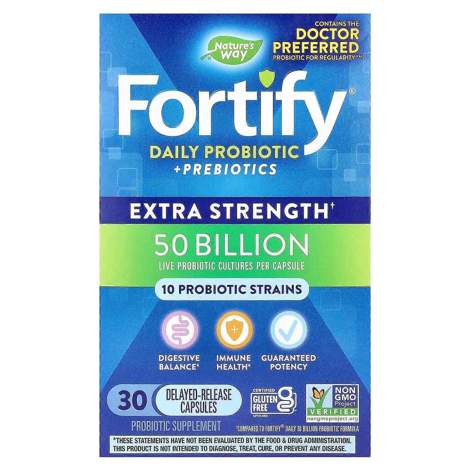 Fortify, Daily Probiotic + Prebiotics, Extra Strength, 50 Billion , 30 Delayed Release Capsules