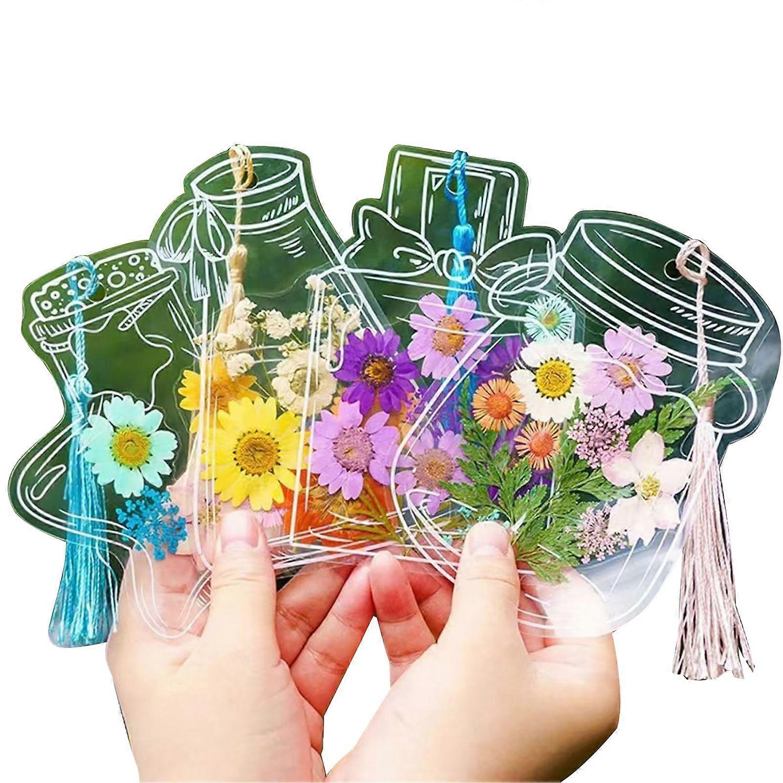 20/100 Pcs DIY Transparent Dried Flower Bookmarks Clear Pressed Flower Bookmarks with Tassels Self-Adhesive Jars Stickers