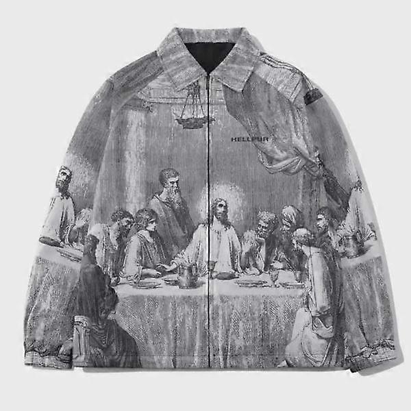 Men's Casual Jacket with Full-Body Digital Print Design from Leonardo da Vinci's "The Last Supper" - Black and White Artistic Style, Zipper 