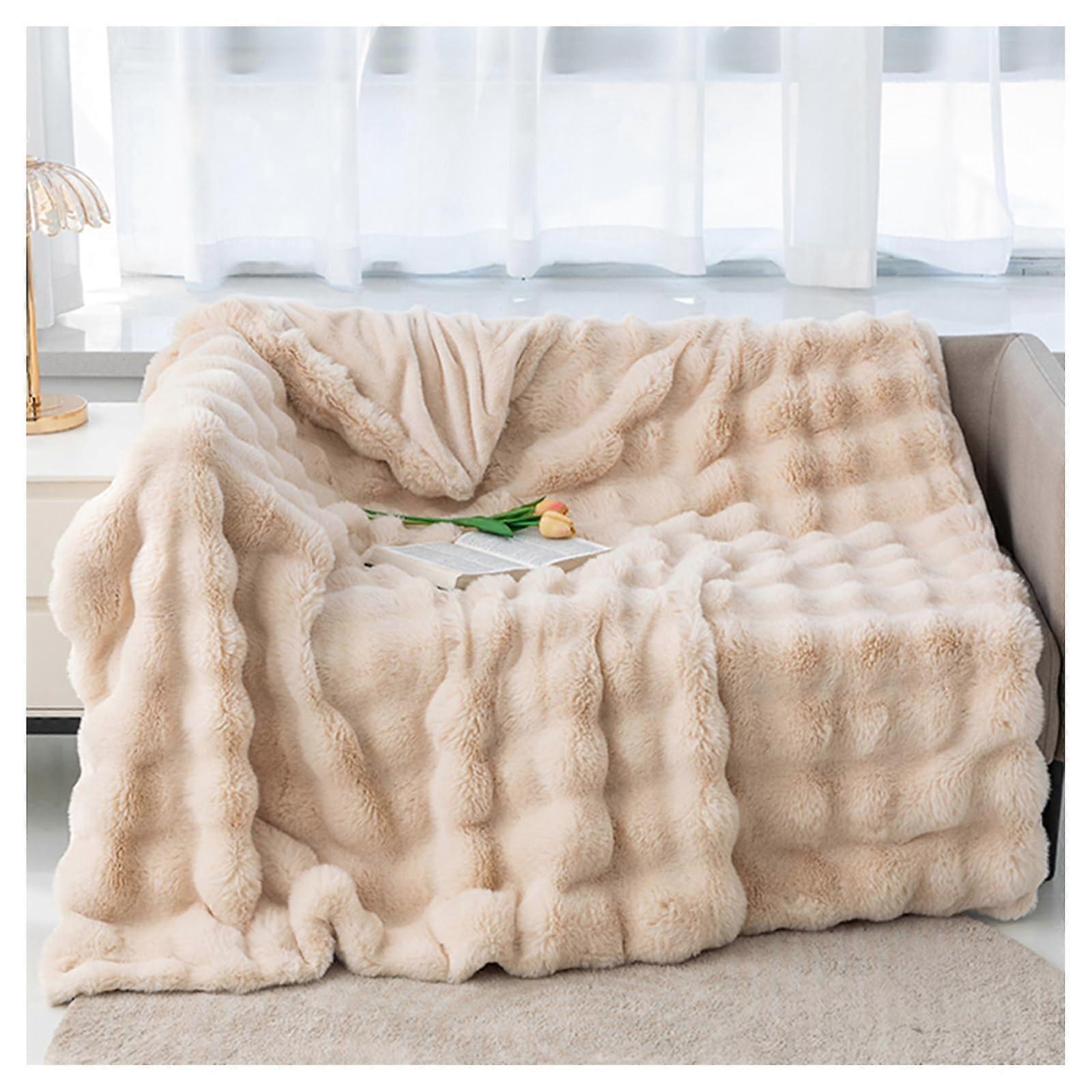 Blanket Faux Rabbit Fur Throw Blanket, Reversible Soft Warm, Apricot 180x200cm, Cozy Decorative Blanket For Sofa Bed