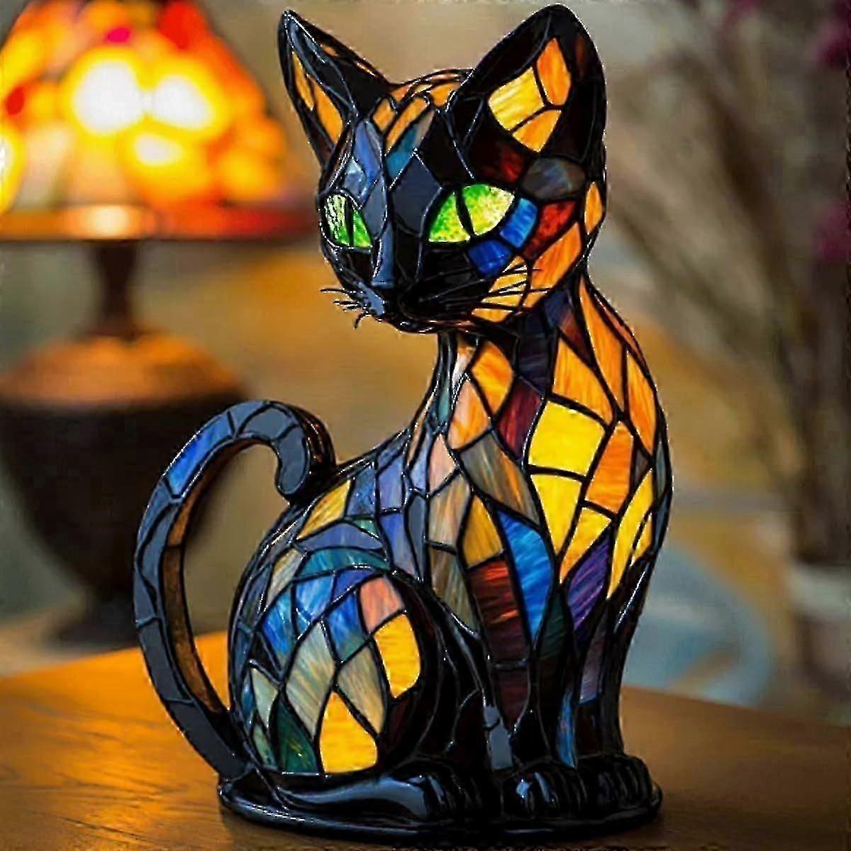 Lampe à chat, lampe à chat vitrail, veilleuse de table en résine tachée de chats rétro, lampe de table LED pour animaux de compagnie mignons 3d