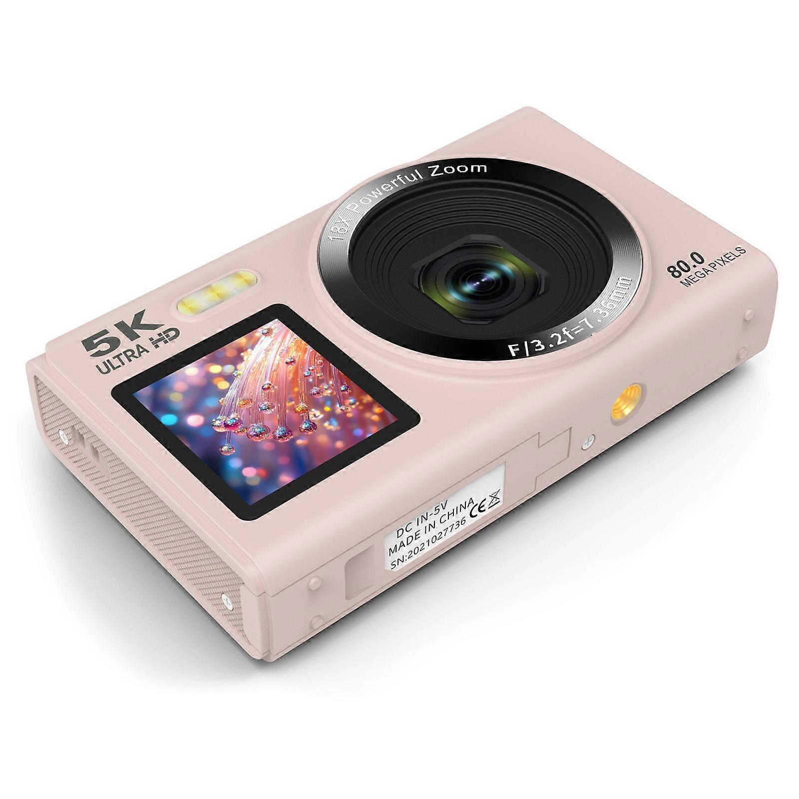 Pink Portable 80MP Camera 5K Double Screen 18X Zooming Builts In Flashing WiFi Connectivity Ideal For Vlog Selfies Multicolor