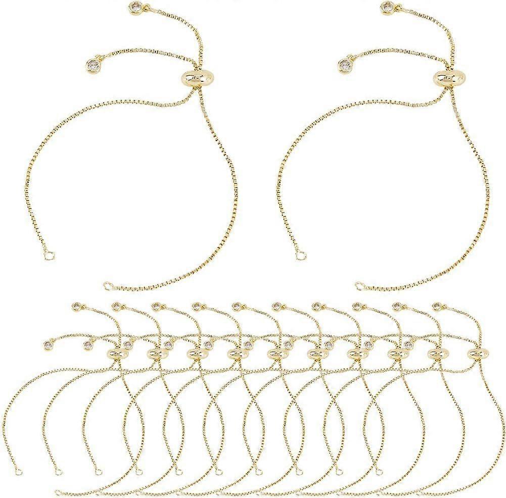 1 Box 12Pcs Real 18K Gold Plated Brass Chain Bracelet Adjustable Slider Bracelets Metal Bead Extender Box Chains with Cubic Zirconia Charm End for Jew