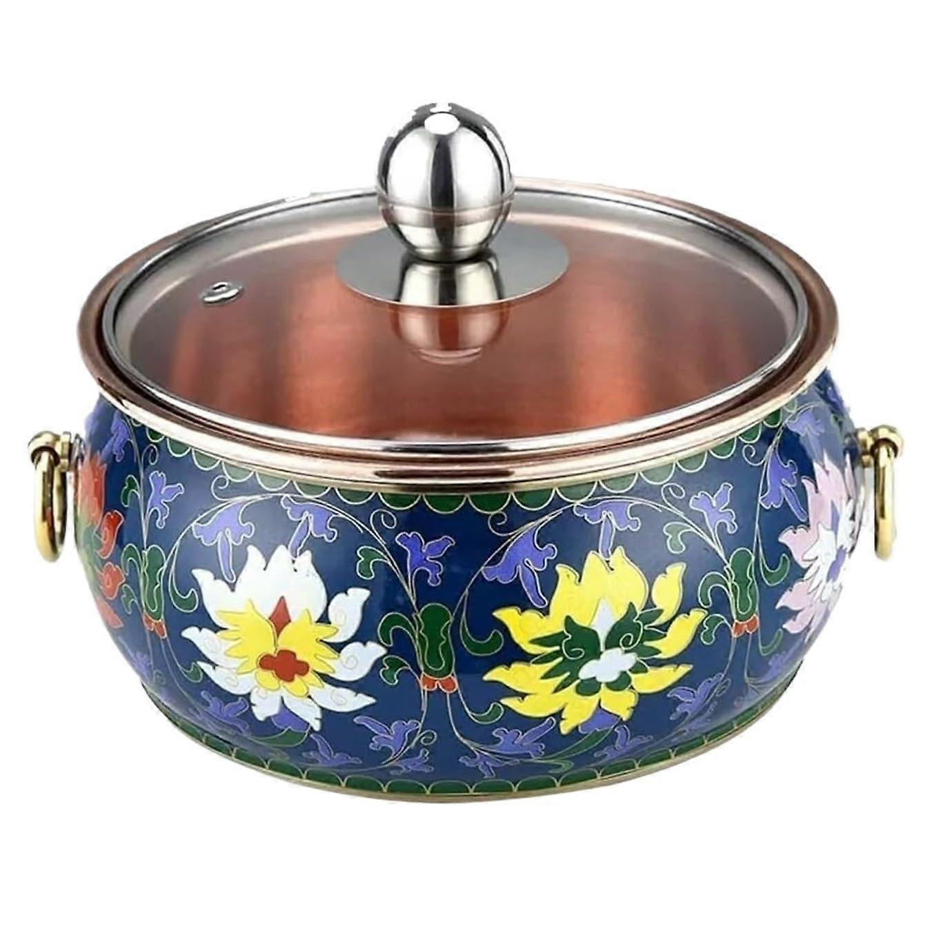 Pure Copper Cloisonné Hot Pot for Induction Cooker, 16cm with Transparent Lid and Even Heat