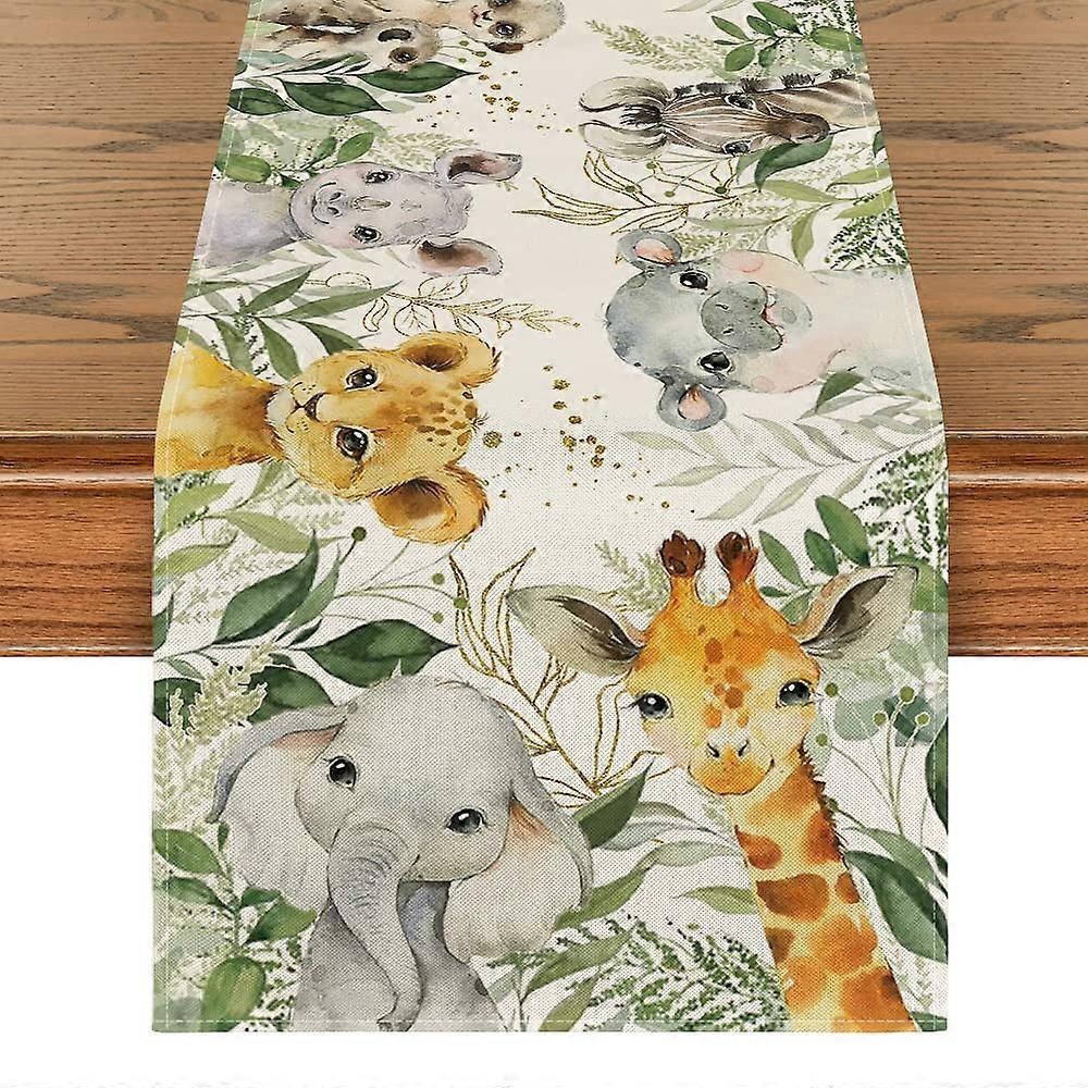 Green Elephant Giraffe Table Runner 13x72, Spring Summer Dining Table Decor for Party and Home