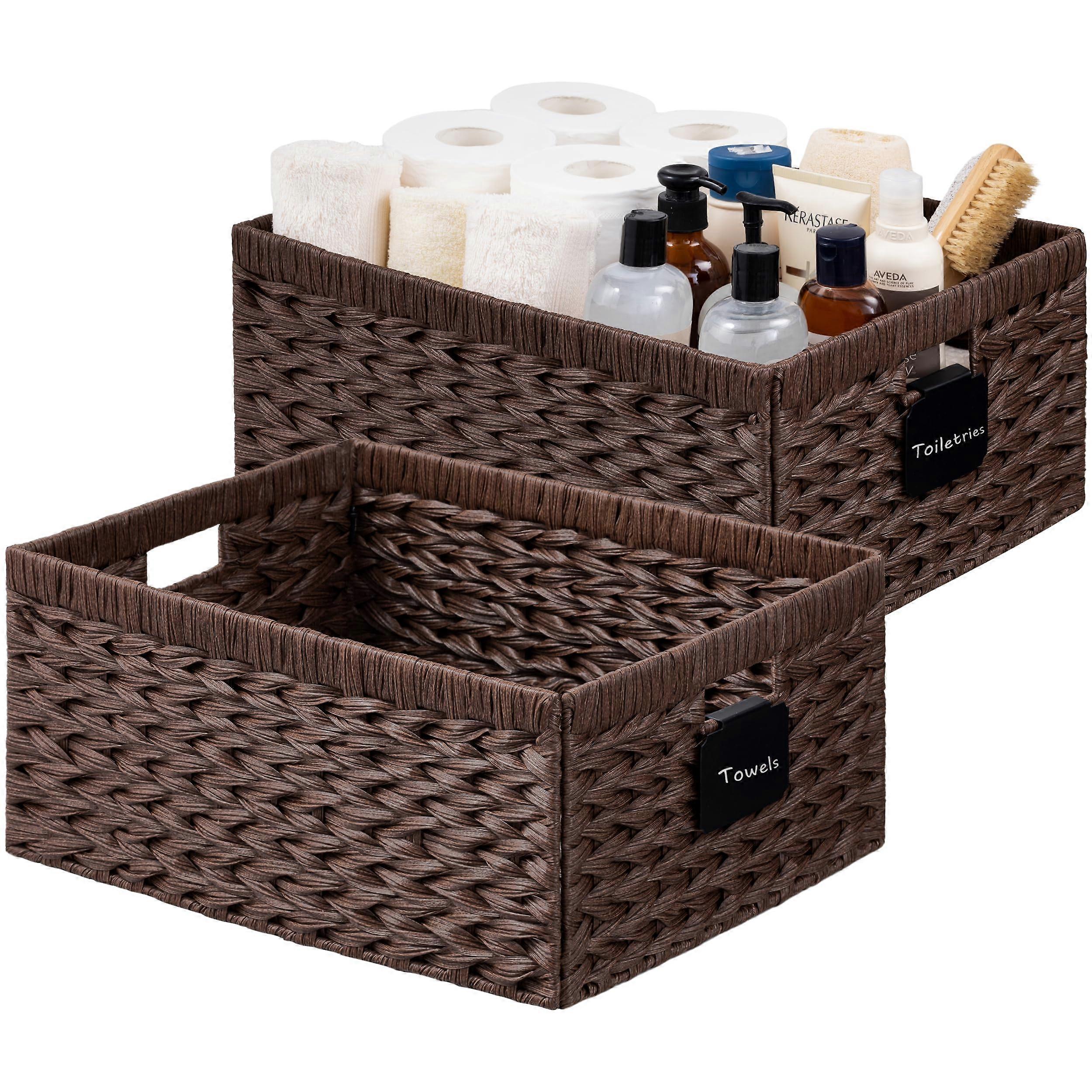 Storage Baskets 2Pack, Waterproof Wicker Baskets with Handles and Label Slot for Shelves, Dark Brown