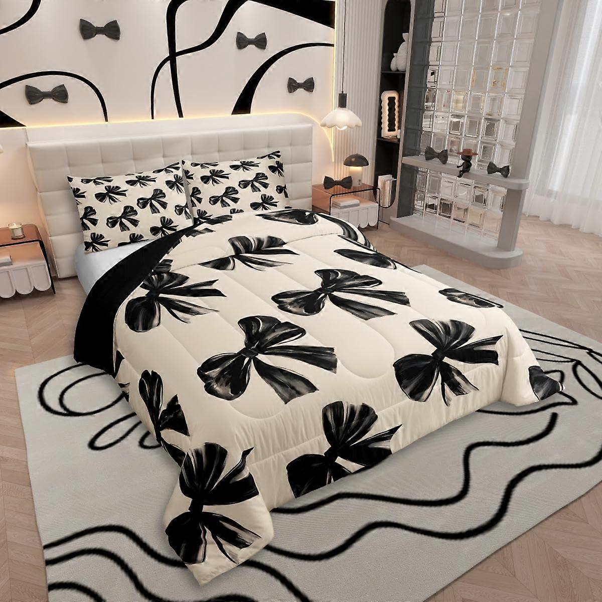 Queen Bedding Set with Black and White Bow Comforter, Soft Microfiber, Reversible Design