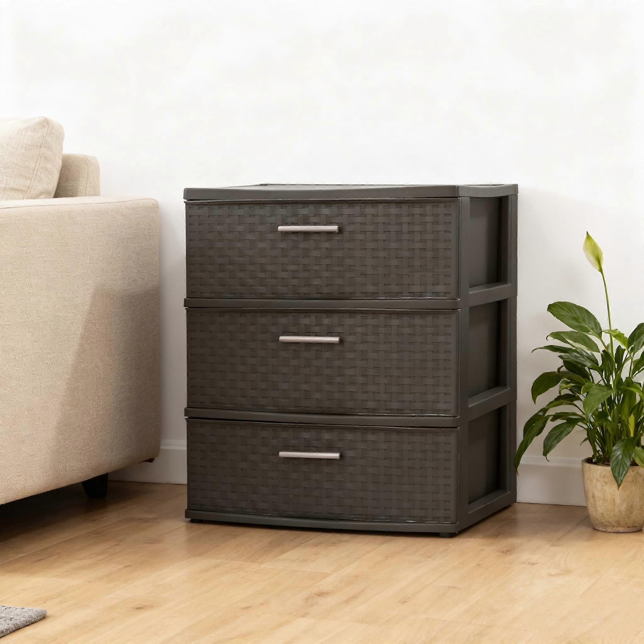 Plastic 3 Drawer Storage Tower with Stylish WideWeave Design and Smooth Handles, Brown