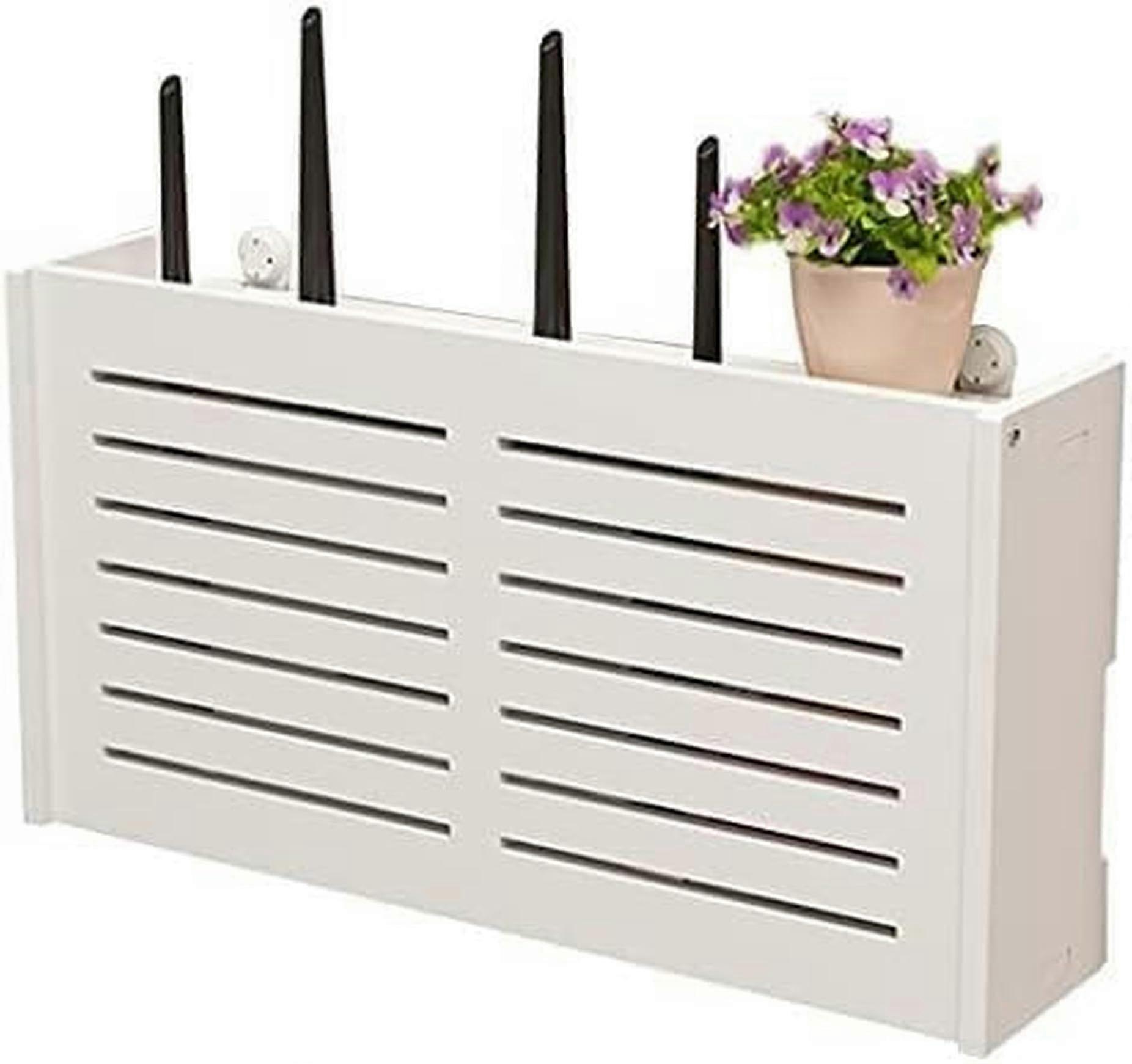 Wall Mounted Router Shelf with Cable Management, Dustproof Storage Box for Home and Office, White