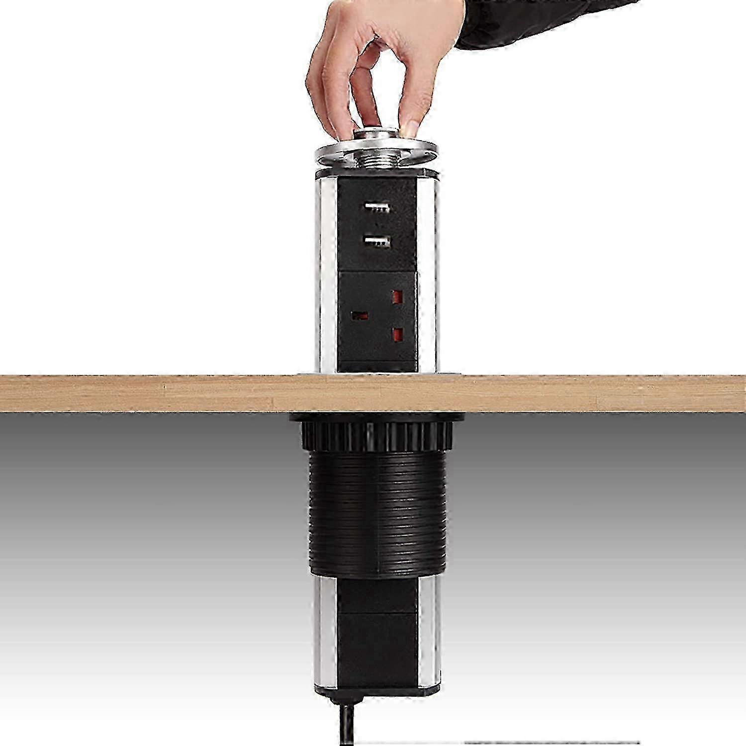 Pull Pop Up Power Sockets for Kitchen Worktops Electrical Plug Socket with 2 USB Charging Ports - Black 25-26