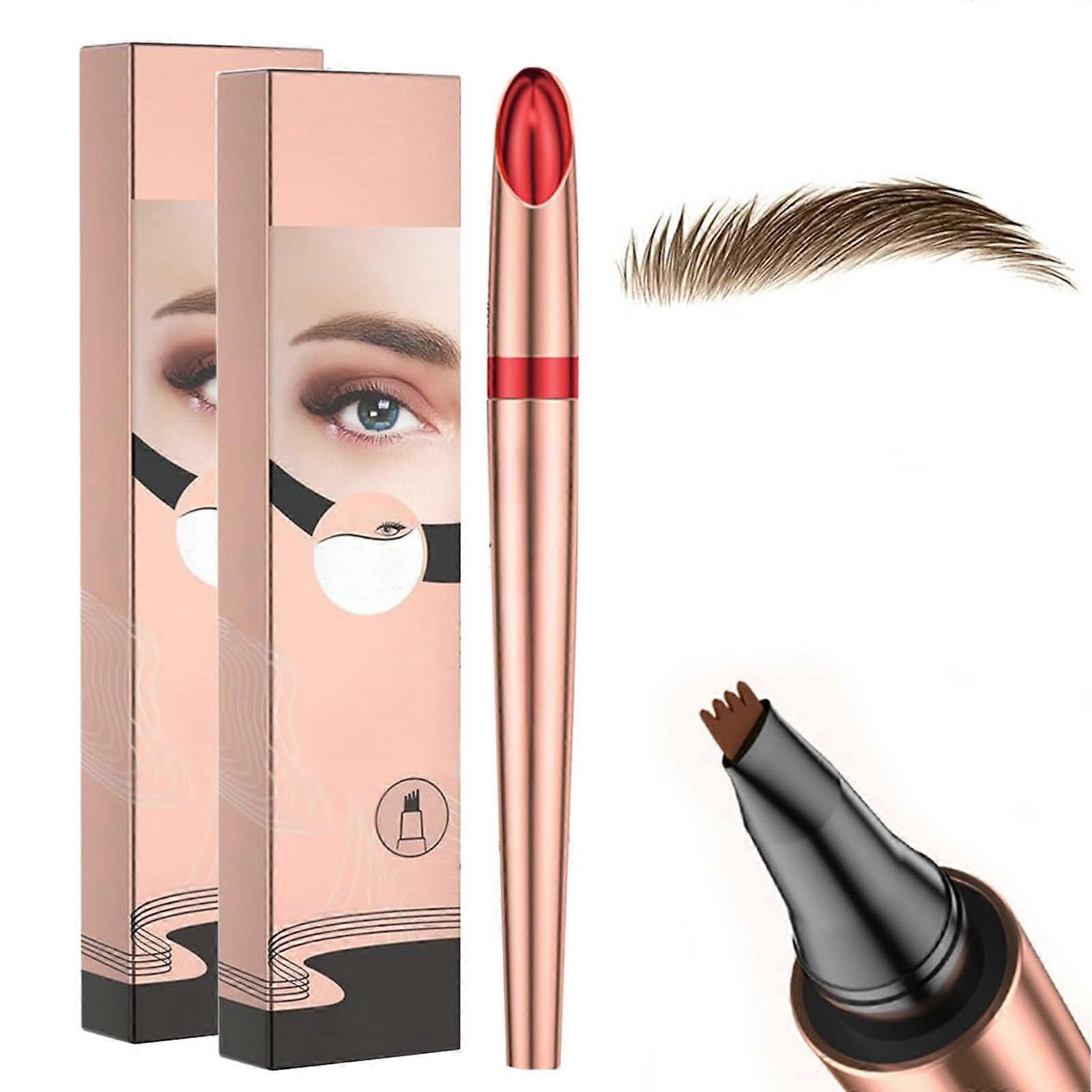 Microblading Eyebrow Pencil 2 Pack with 4 Fork Tip, Waterproof 3D Brow Tattoo Pen Dark Brown