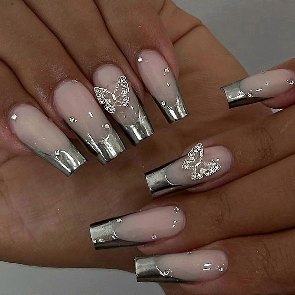 French Tip Press on Nails Medium Coffin Silver Chrome with Butterfly Rhinestone Design 24pcs