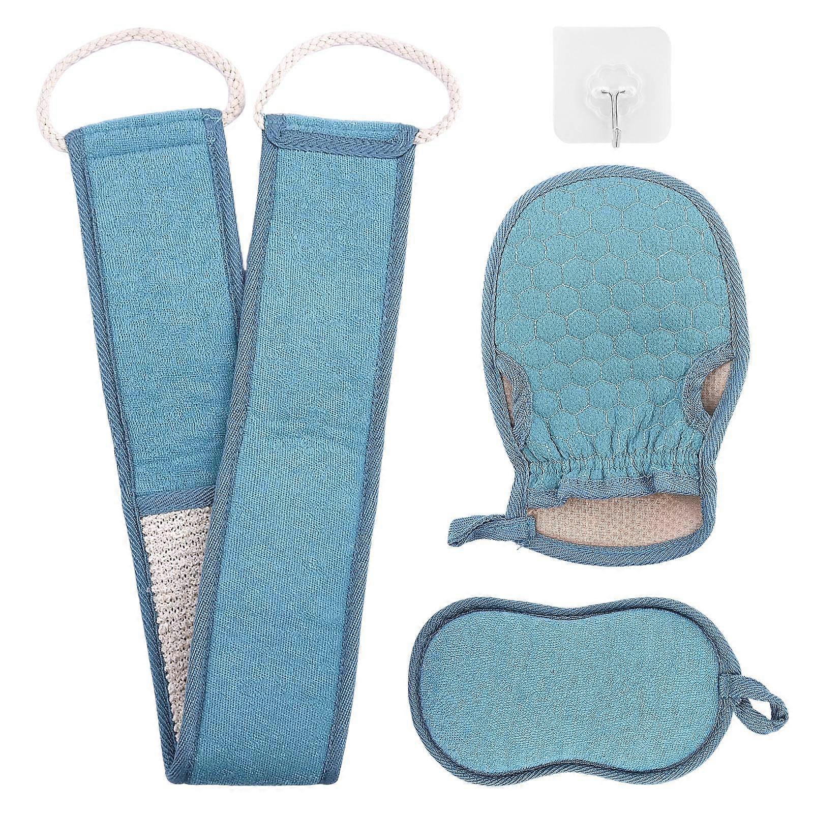 Back Scrubber Set with Long Handle, Exfoliating Body Sponge and Bath Glove, Blue