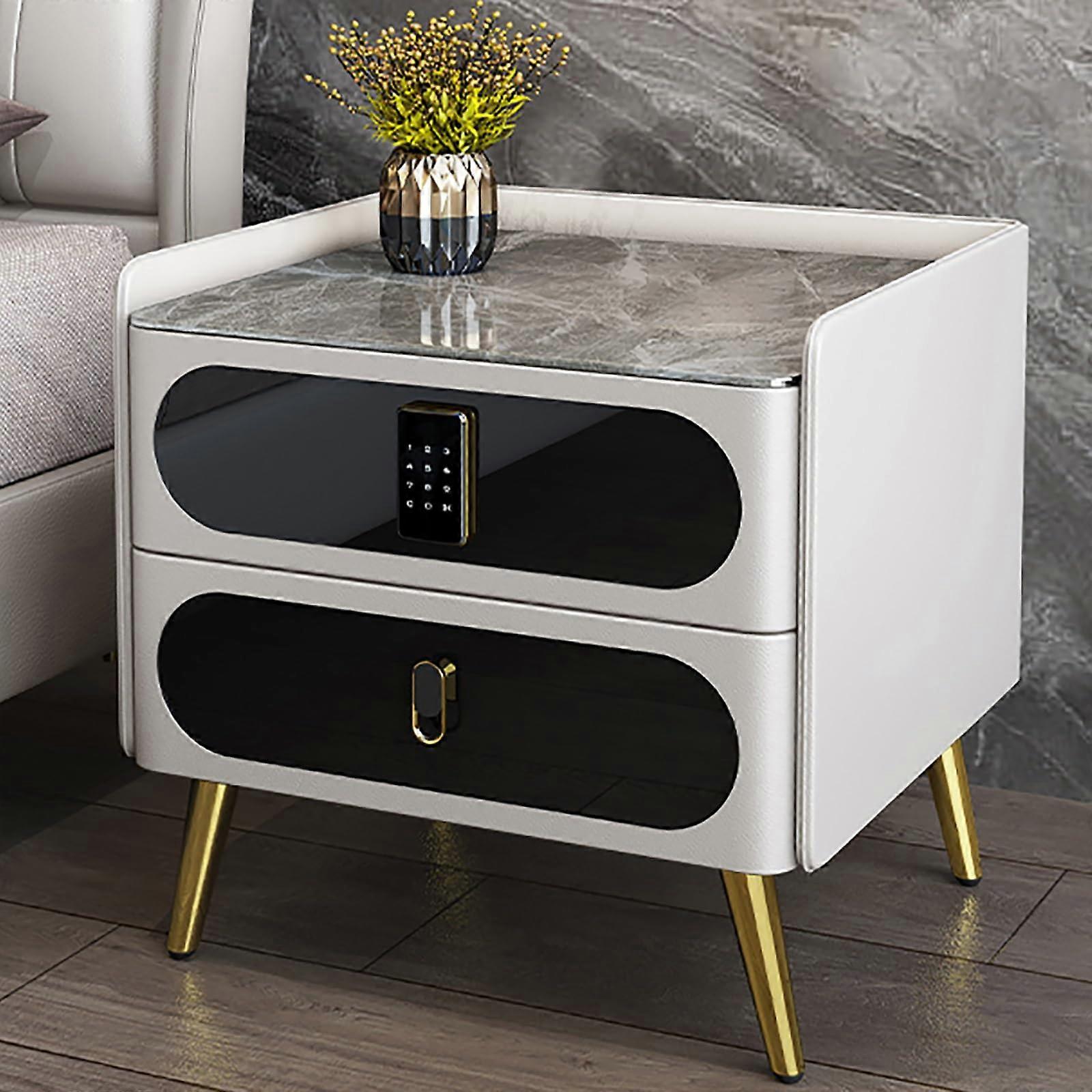 Smart Nightstand with Lock, White Modern Bedside Table with Double Drawers and Storage Shelves