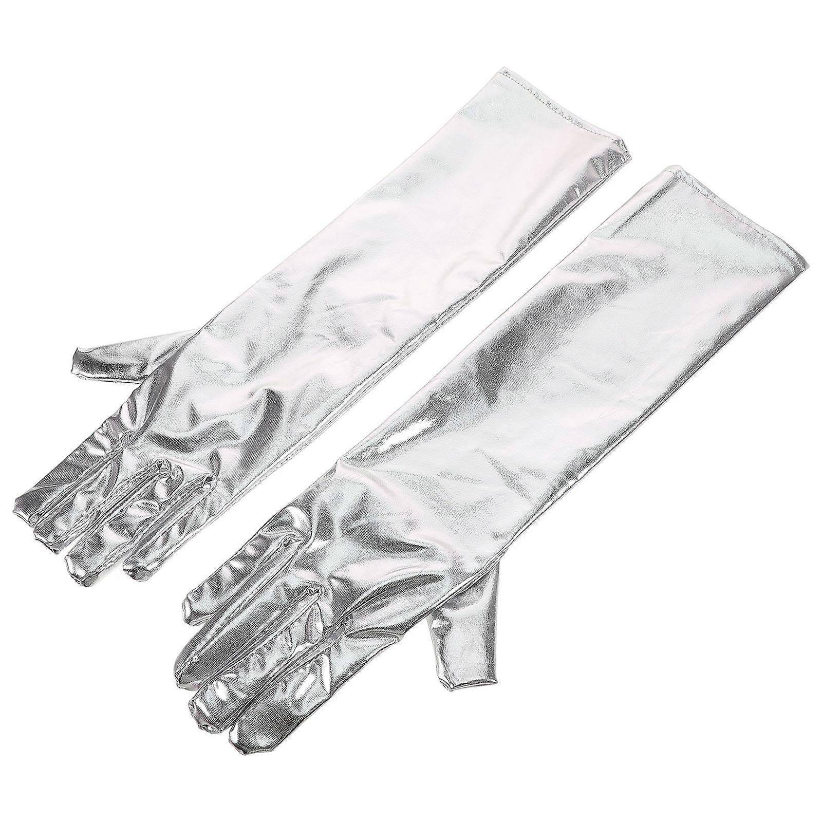 Silver Long Opera Patent Gloves for Party 1Pair